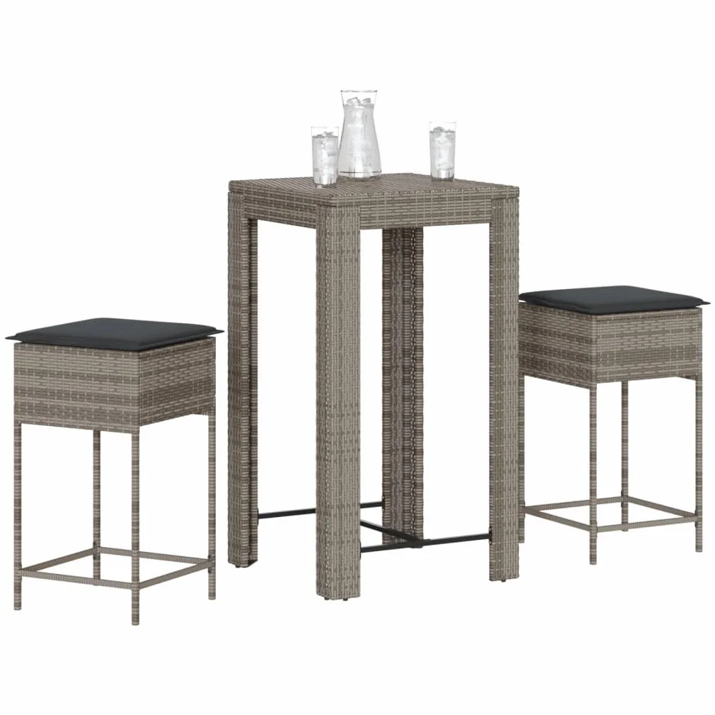 vidaXL Juego de Bar de jardín de 3 Piezas con Cojines ratán PE Gris, Mesa Alta y taburetes de Exterior, Juego de Bar, Juego de Muebles