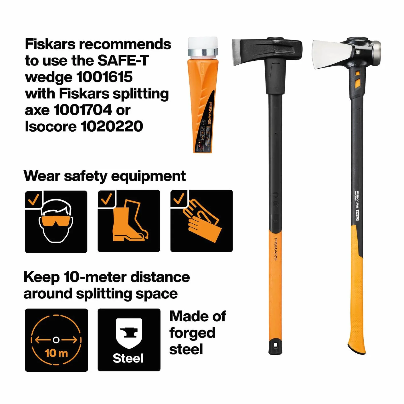Fiskars Cuña rotativa forjada helicoidal Securi-T, Acero forjado templado, Cabeza polímero anillo metálico, Naranja