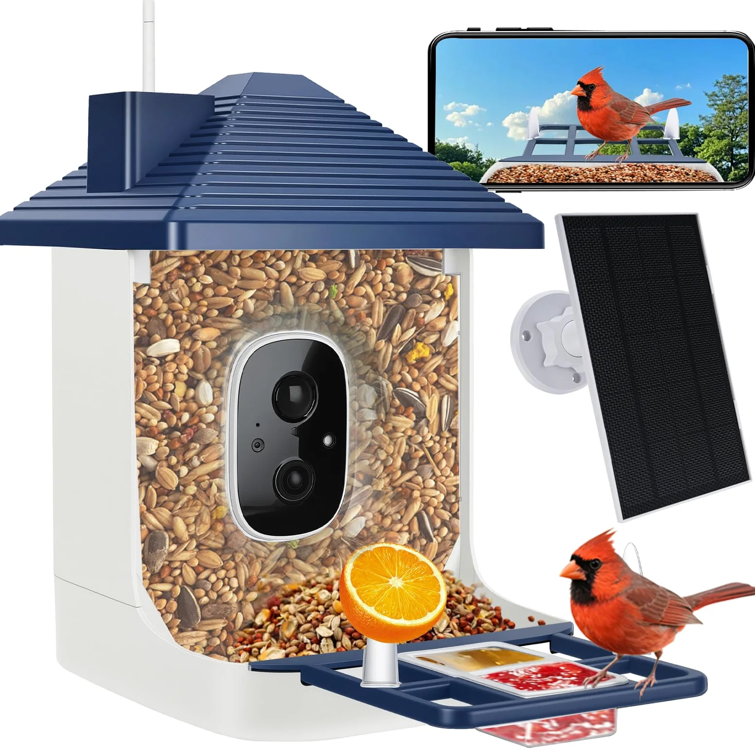 Comedero solar inteligente para pájaros con cámara, comedero para pájaros HD 2K para exteriores, azul índigo