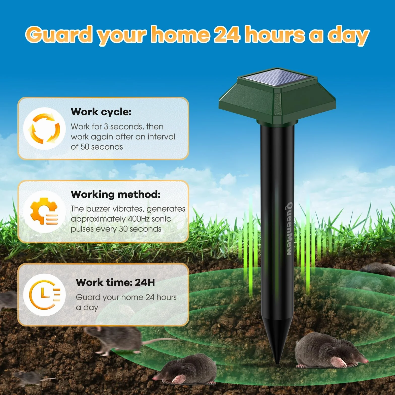 Ahuyentador de Topos Solar 4 Piezas, Ahuyentador de Jabalies para Jardín de Patio, 700 M² Impermeable Exterior Repelente Salamanquesas Serpientes para Rata Conejo Ardilla Mapache Serpiente