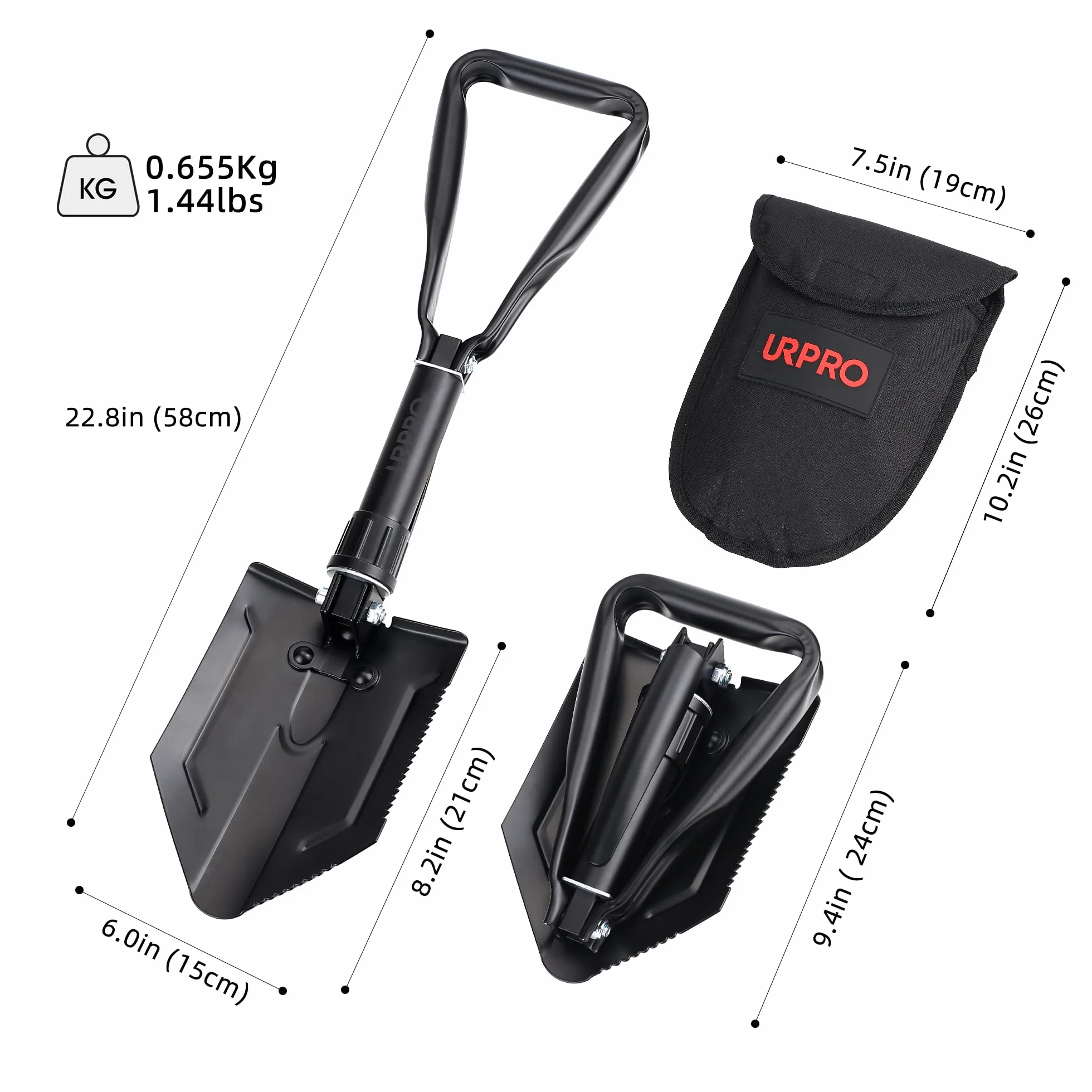 Pala Plegable con púa, Mango portátil de Acero al Carbono, Supervivencia, atrincheramiento, Militar, extinción de Incendios, zanjas, para Camping, jardinería, excavación, Arena, Barro y Nieve