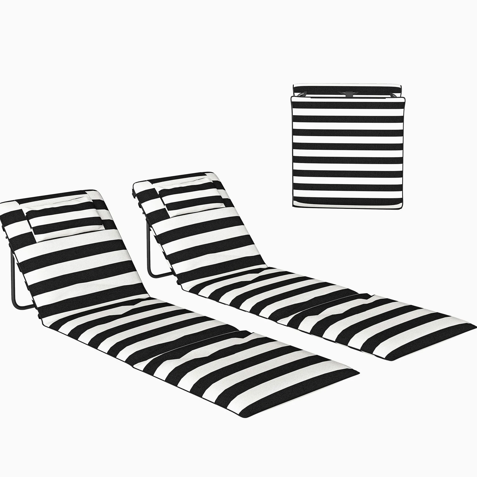 Outsunny Conjunto de 2 Esterillas de Playa Plegable, Esteras Portátil con Respaldo Ajustable, Reposacabezas Acolchado Tela Oxford 600D y Estructura de Metal, para Jardín, 150x50x2 cm, Gris y Blanco