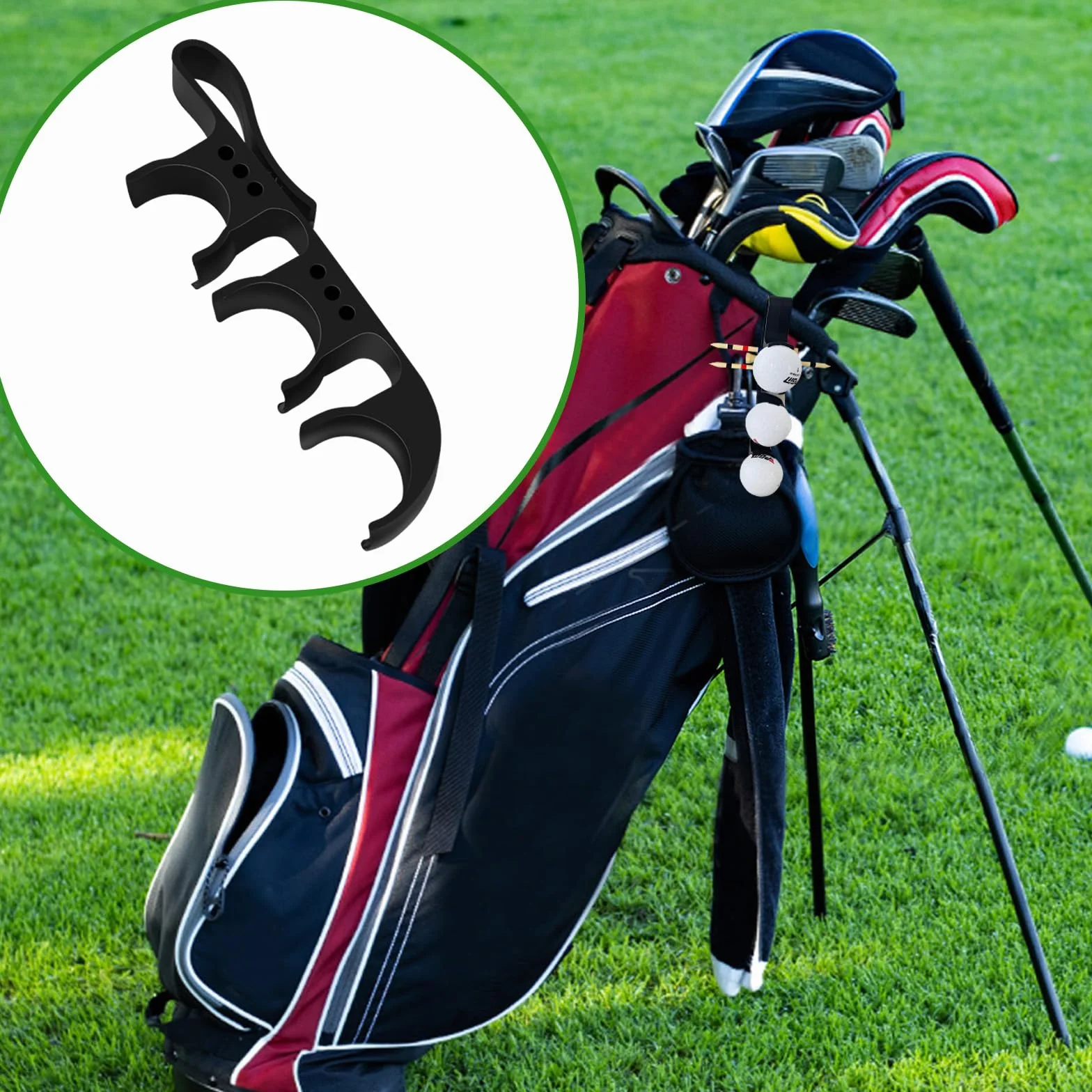 Soporte 2 en 1 para Pelotas de Golf, liberación rápida, Gancho, Negro, Capacidad 3 Pelotas/6 Tees
