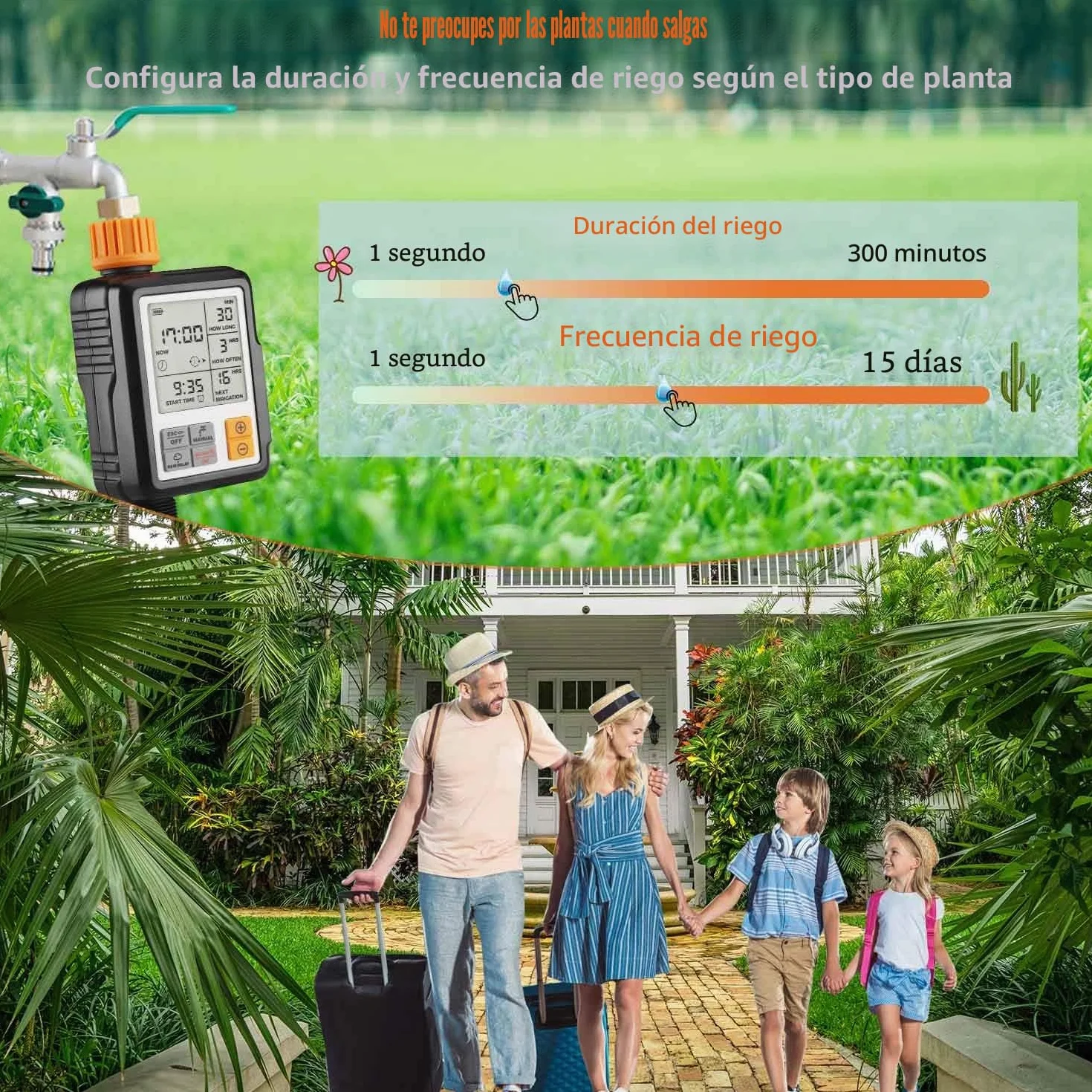 Johgee Temporizador de Riego Automatico Jardín, El Acoplamiento de Grifo de Agua ½ y ¾ Son Aplicables, Programa de Memoria Permanente, Programador de Riego Automático con Pantalla 3 ” LCD
