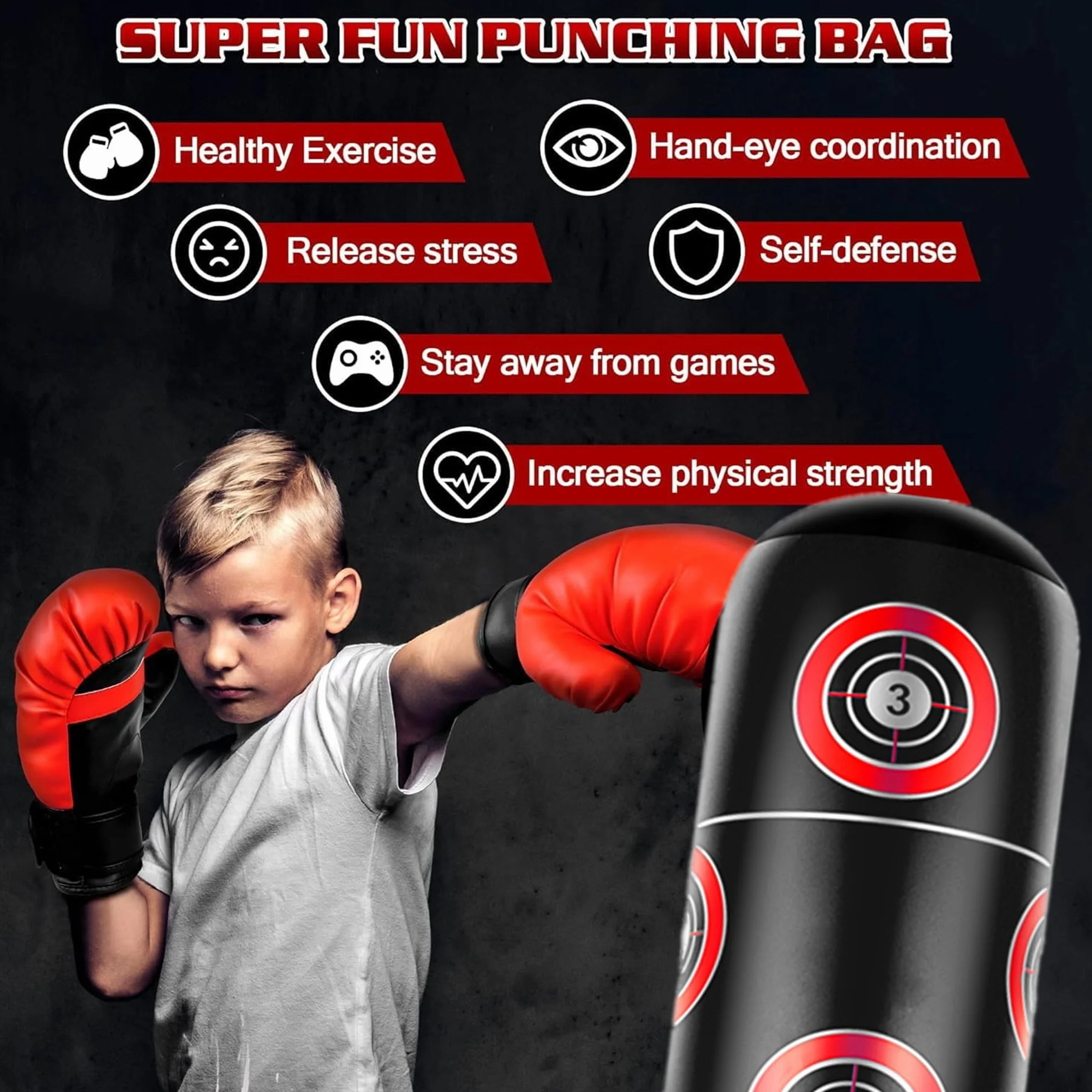 Saco de Boxeo para Niños 160cm Hinchable con Guantes Set de Boxeo Regalo 3-12 Años Karate Taekwondo MMA
