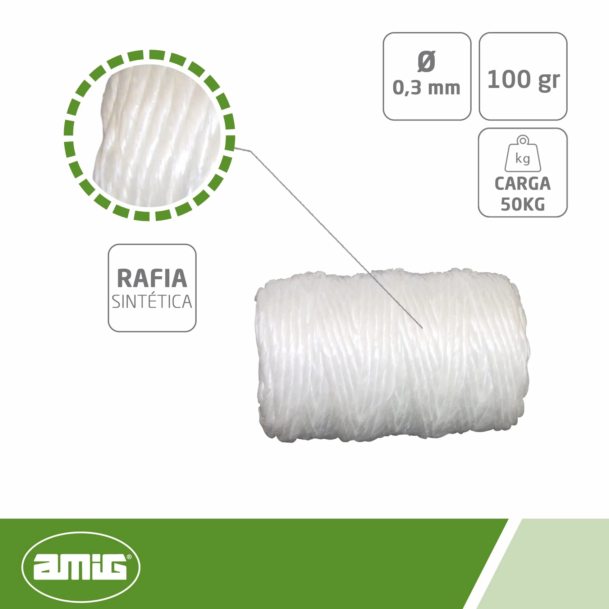 Amig - Rollo de Hilo de Rafia Plana Sintética Mod.20170 - Bobina de Cuerda Blanca Multiusos Ideal para Paquetería, Manualidades, Jardinería, Bricolaje o Industria - Medida: Ø 3 mm x 100 gr.