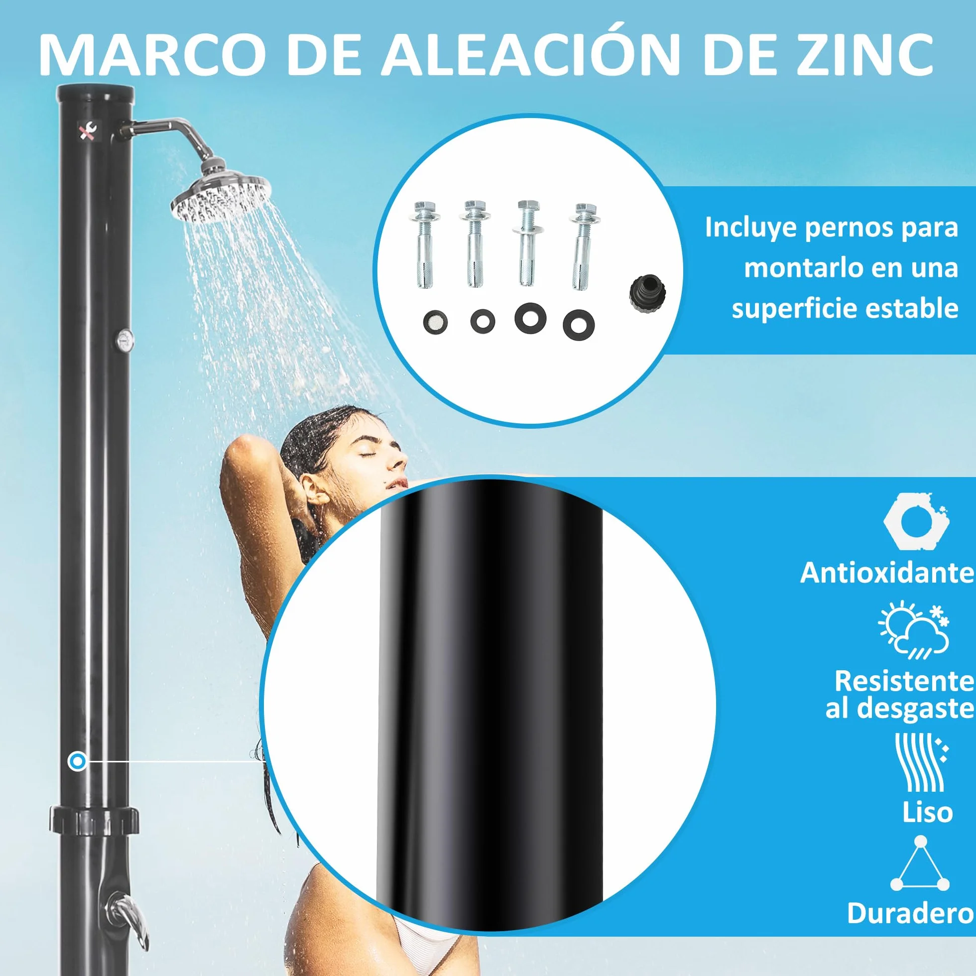 Outsunny Ducha Solar de Jardín 20L Ducha Exterior con Cabezal de Ducha Redondo Grifo Agua Caliente Máx. 60℃ y Ducha para Pies para Piscina Patio Playa 15,5x15,5x222 cm Negro