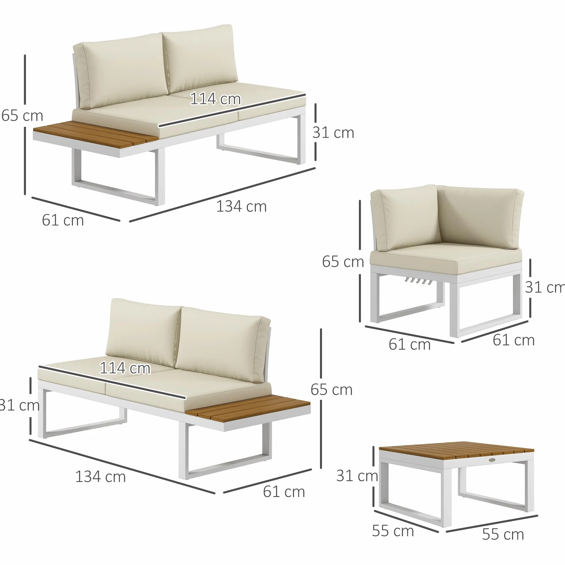 Outsunny Conjunto de Muebles de Jardín Exterior 4 Piezas Juego de Muebles de Terraza Incluye 2 Sofás Dobles 1 Sofá Esquinero Reclinable y Mesa de Centro Mesita Lateral con Cojines para Patio Crema