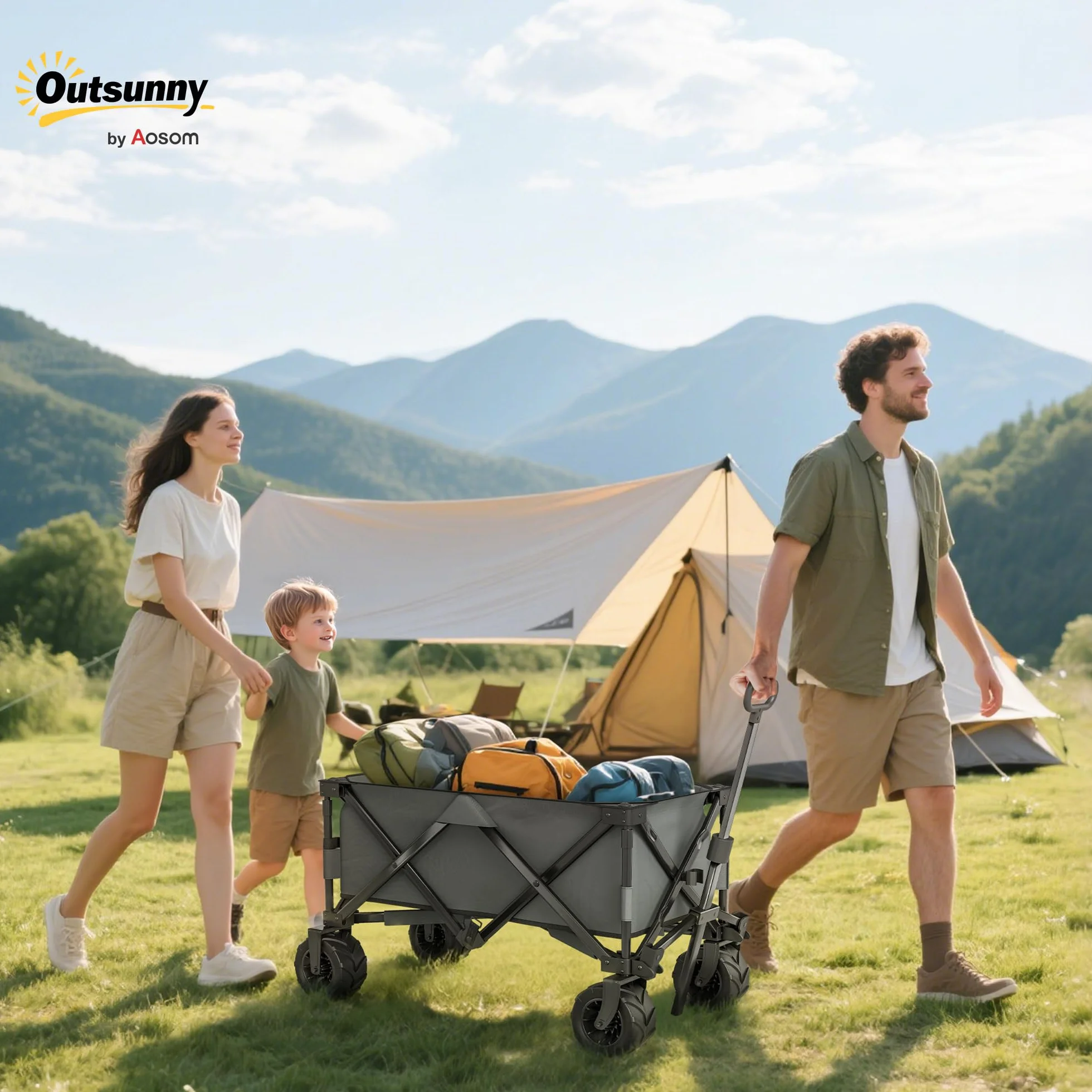 Outsunny Carro Playa Ruedas Grandes con Freno, Carrito de Jardín Plegable con Altura del Manillar Ajustable, Ruedas Giratorias 360°, para Terraza, Patio, Campaña, Compra al Aire Libre, Gris Oscuro