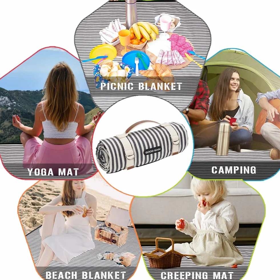 Manta de Picnic Impermeable y portátil con Correa de Transporte, Alfombra de Playa o Familia, Camping, Alfombra de Picnic Extra Grande, Plegable, Resistente a la Arena para Senderismo, 145 x 200 cm