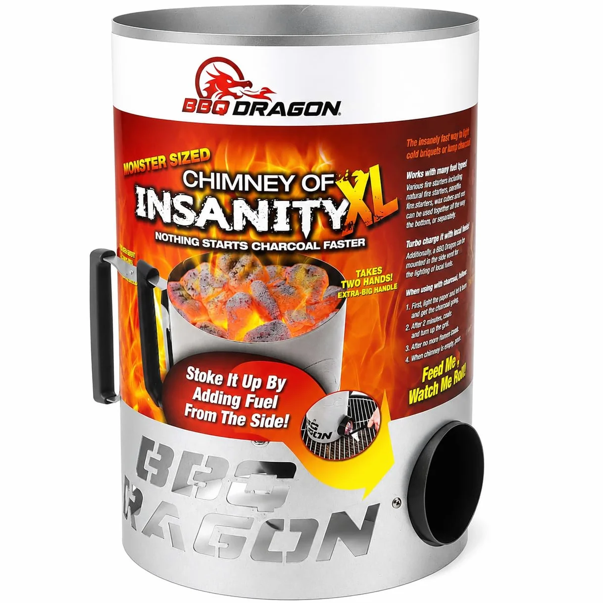 BBQ Dragon Iniciador de carbón XL Chimney of Insanity | Chimenea rápida, Segura y fácil de Usar | Arrancador de Fuego para Parrilla de carbón | Acero galvanizado | Ventilación Lateral y Mango