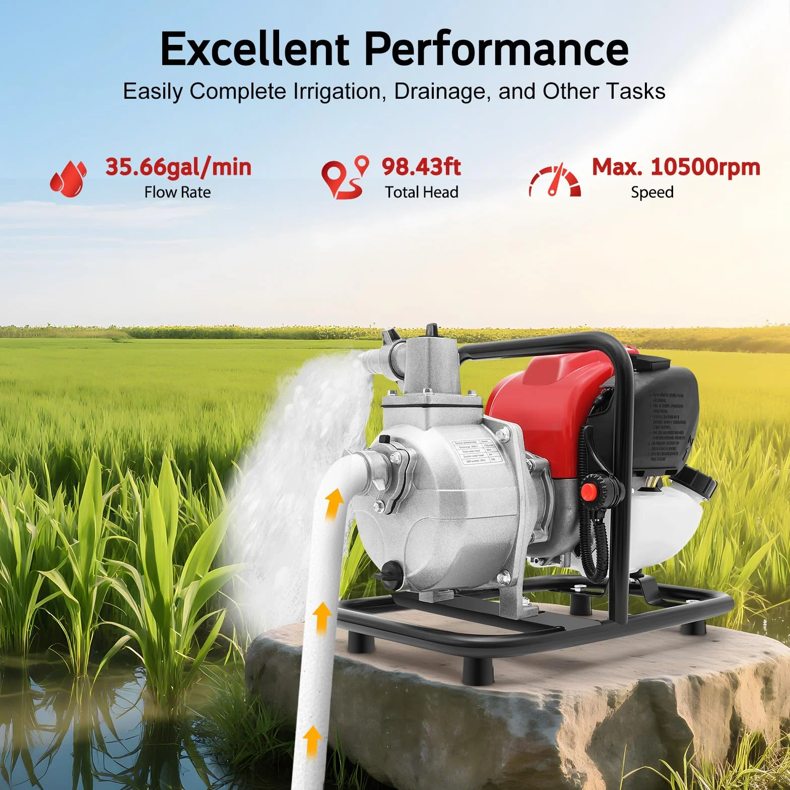 Bomba de agua de gasolina de 4 tiempos, 38 CC, 1,2 kW, bomba de agua sucia, bomba de jardín, bomba de estanque, autocebante, agua sucia, 135 l/min, motor de agua para riego de jardín, cuidado de