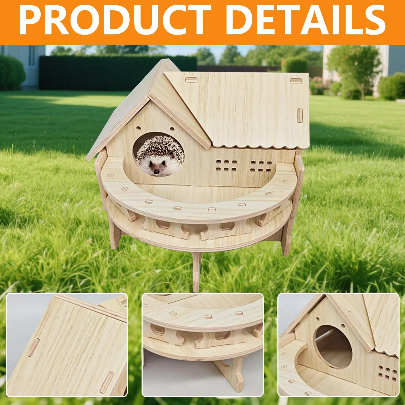 Casa para Erizos, 35 x 27 x 27 cm Casa del Erizo de Madera con Terraza Gran Casa para Erizo Desmontable con Múltiples Entradas y Salidas Redondas para Erizos o Cobayas para Refugio e Hibernación