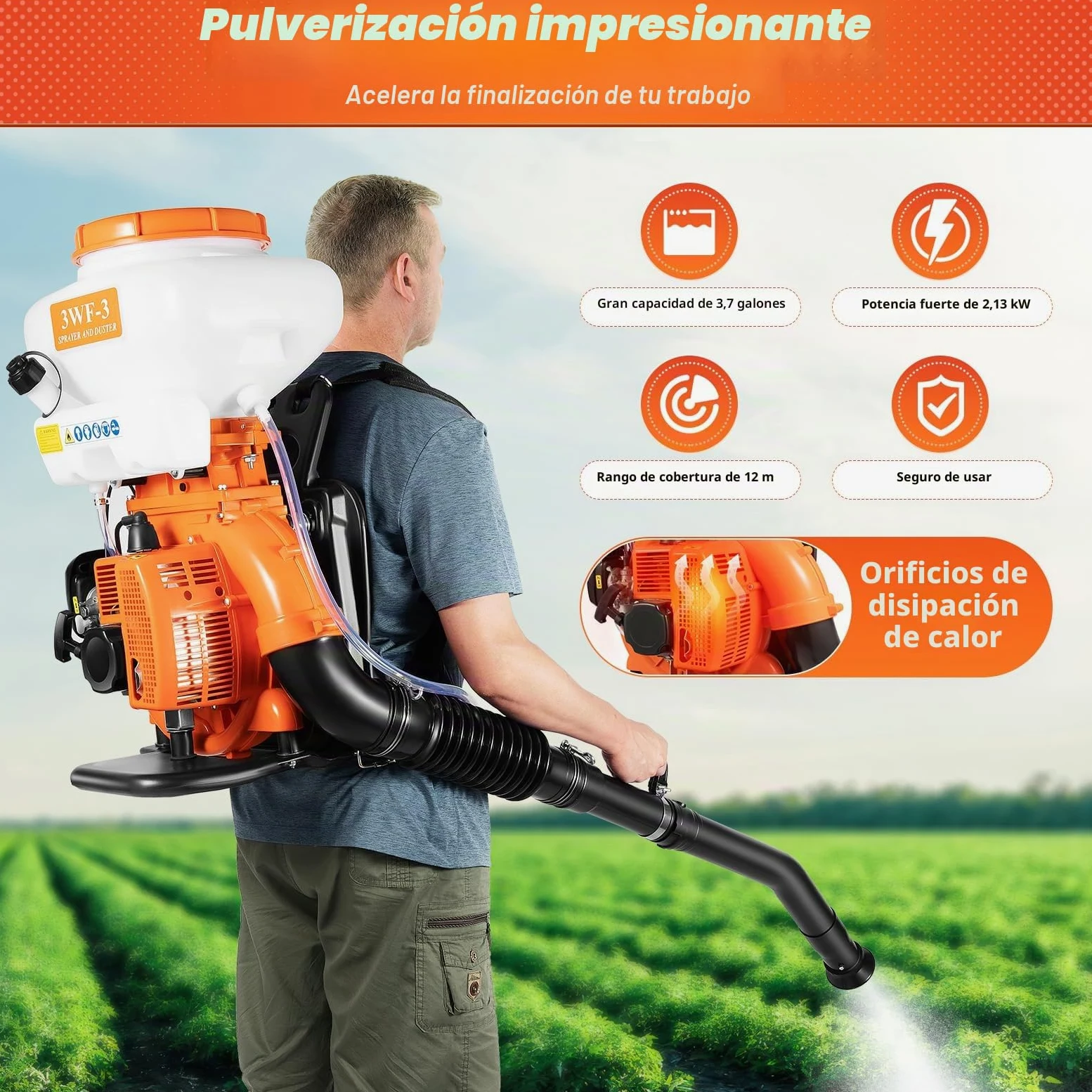 Pulverizador de motor de gasolina, 14 L, 7500 RPM, pulverizador de motor, pulverizador de espalda CDI, abono, rango de pulverización superior a 12 m