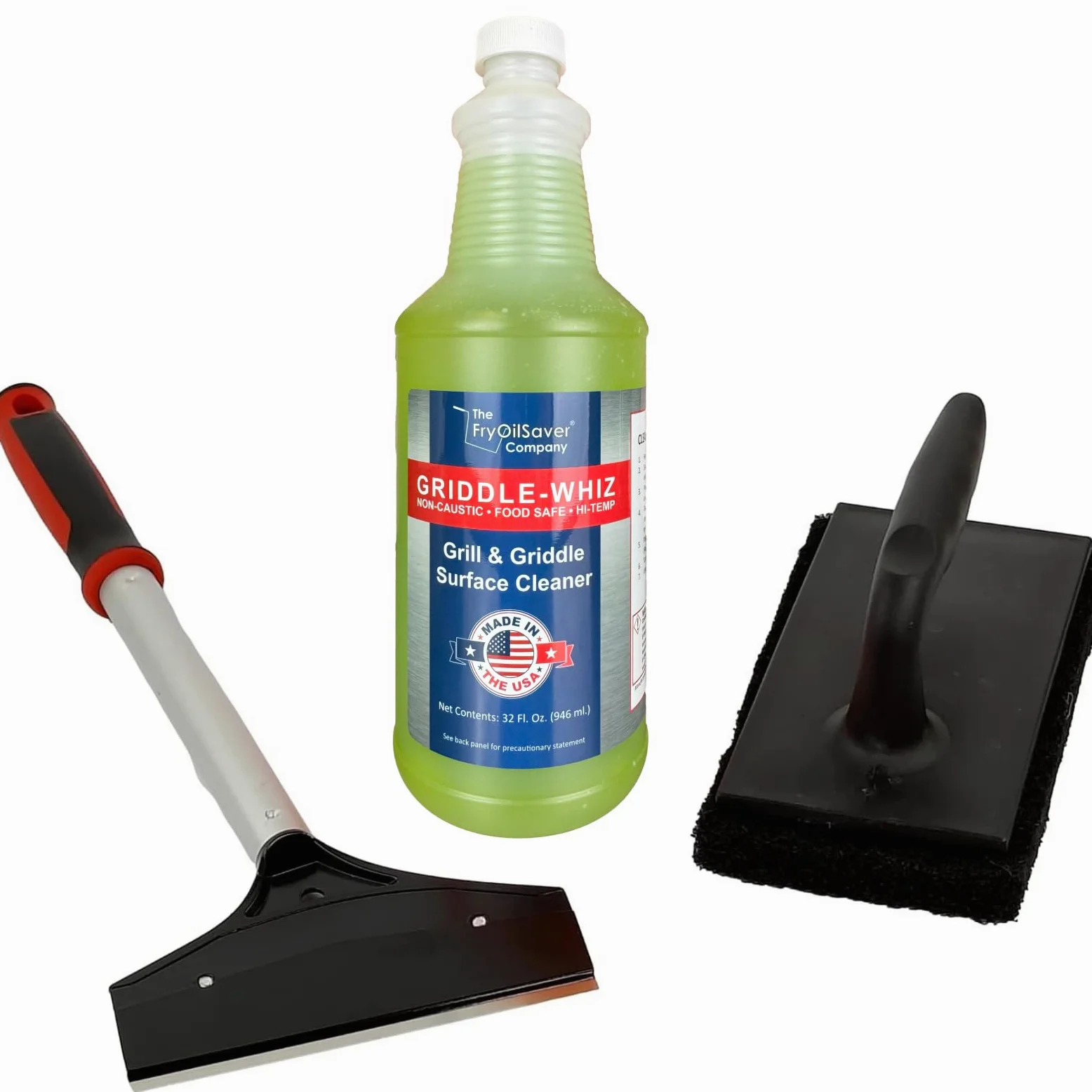 Griddle-Whiz - Kit combinado de limpieza de 3 piezas, limpiador líquido para parrilla con raspador de plancha y almohadilla para fregadoras de parte superior plana y accesorios Blackstone, por