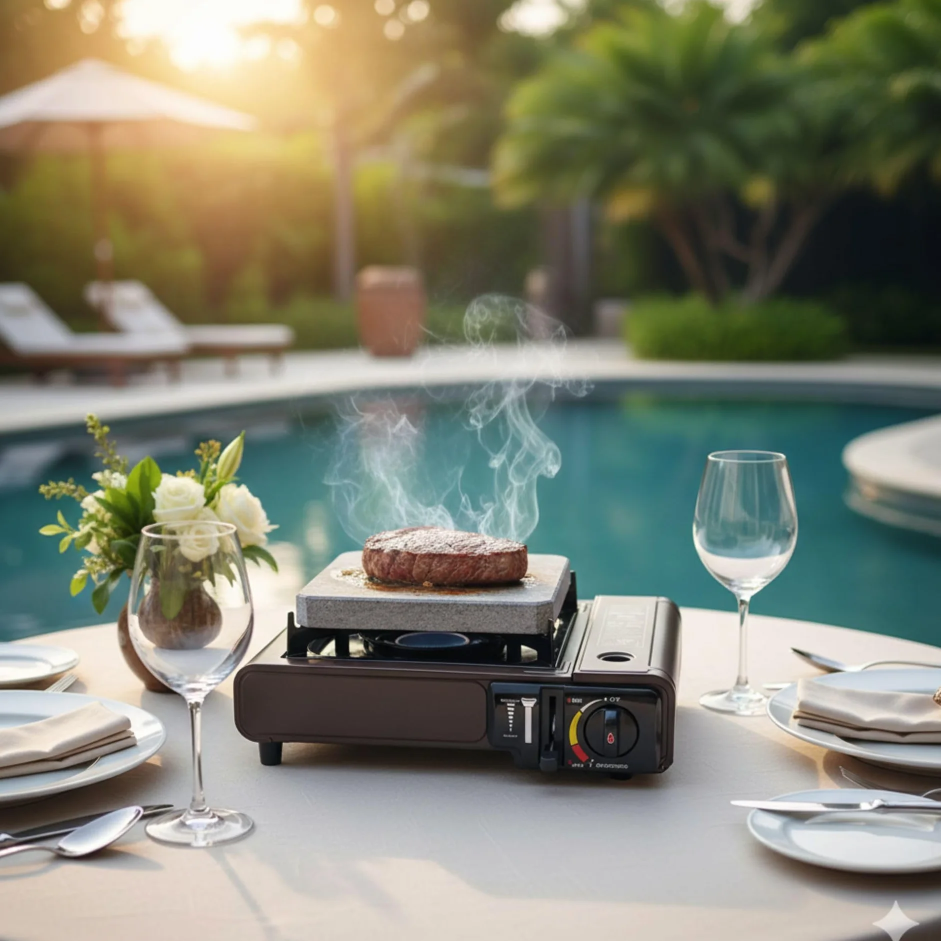 Piedra para Carne de 20x20 con Cocina Portatil y Dos Cartuchos de Gas