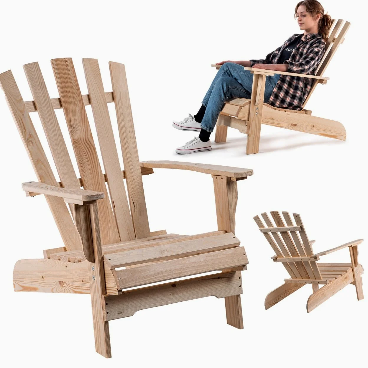 KADAX Silla de Jardín Adirondack de Madera, con Respaldo Alto y Reposabrazos, Silla de Relajación, para Exterior (Madera Natural)