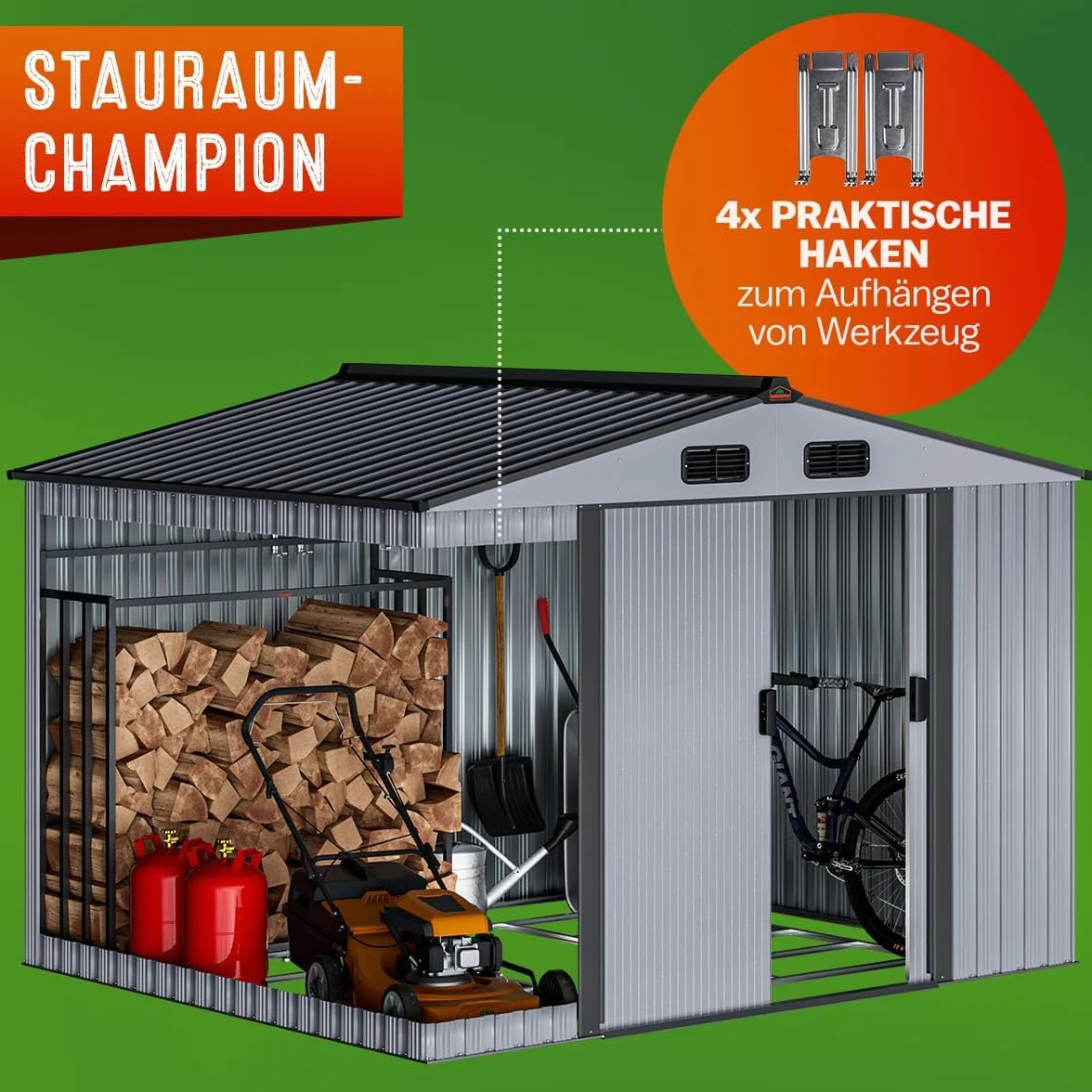 GARDEBRUK® Cobertizo de Jardín XXL Caseta Exterior 5m² con Base 260x205x180cm 9m³ Puerta Corrediza Gris Metálico
