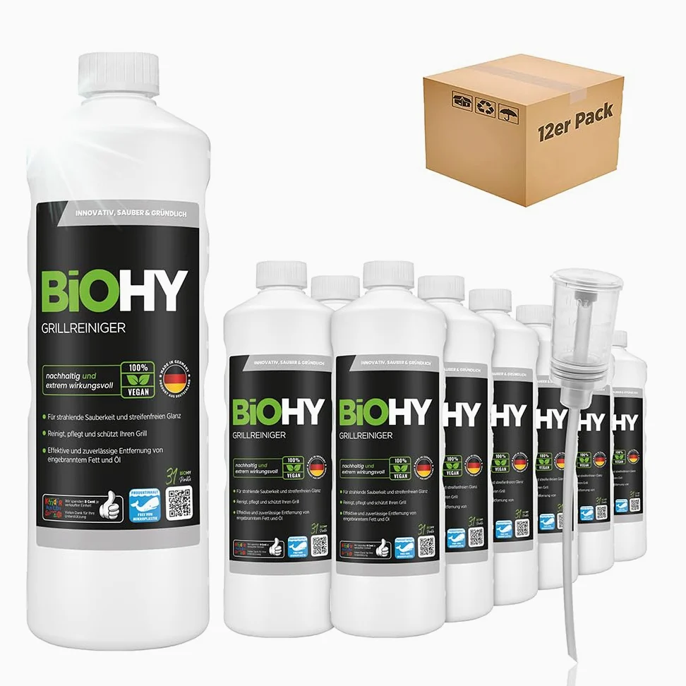 BiOHY Limpiador de parrillas (12 botellas de 1 litro) + Dosificador | limpiador para barbacoa de carbón vegetal, gas y eléctrica | espuma activa contra la grasa quemada y el aceite (Grillreiniger)