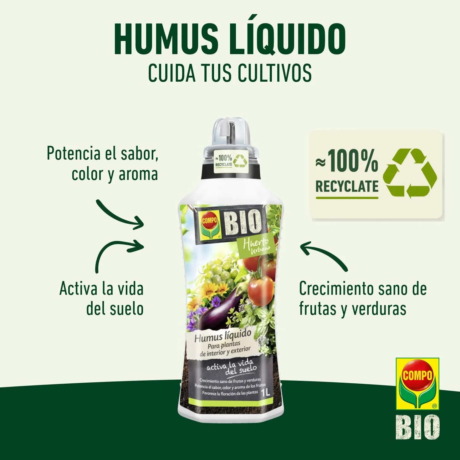 COMPO Humus líquido, Crecimiento sano de frutas y verduras, Apto para agricultura ecológica, 1L