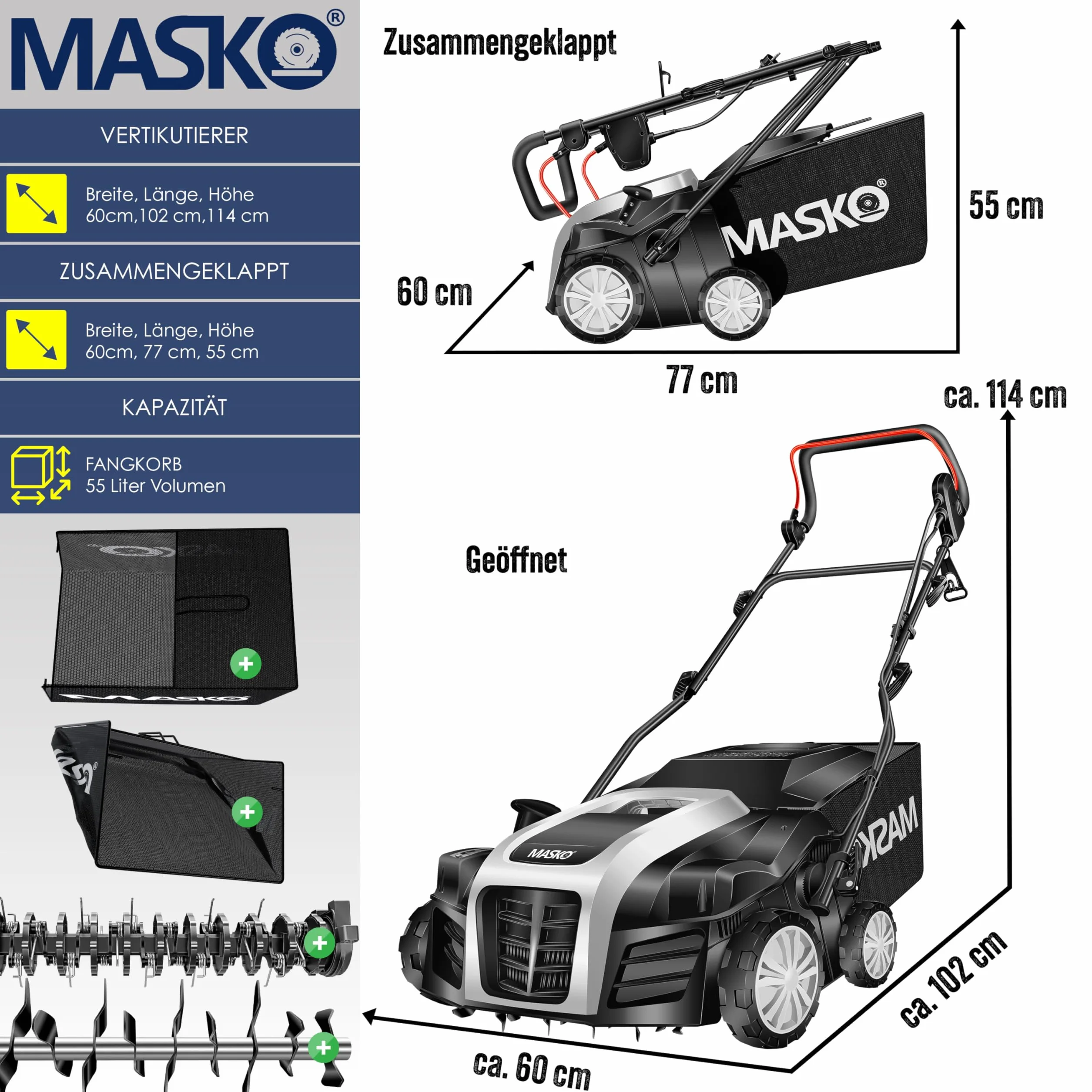 MASKO® Escarificador eléctrico 2 en 1, aireador de césped 1800W, 40 cm de ancho de trabajo, cesta de recogida de 55 l, eliminador de musgo, profundidad de trabajo ajustable en 5 etapas, negro