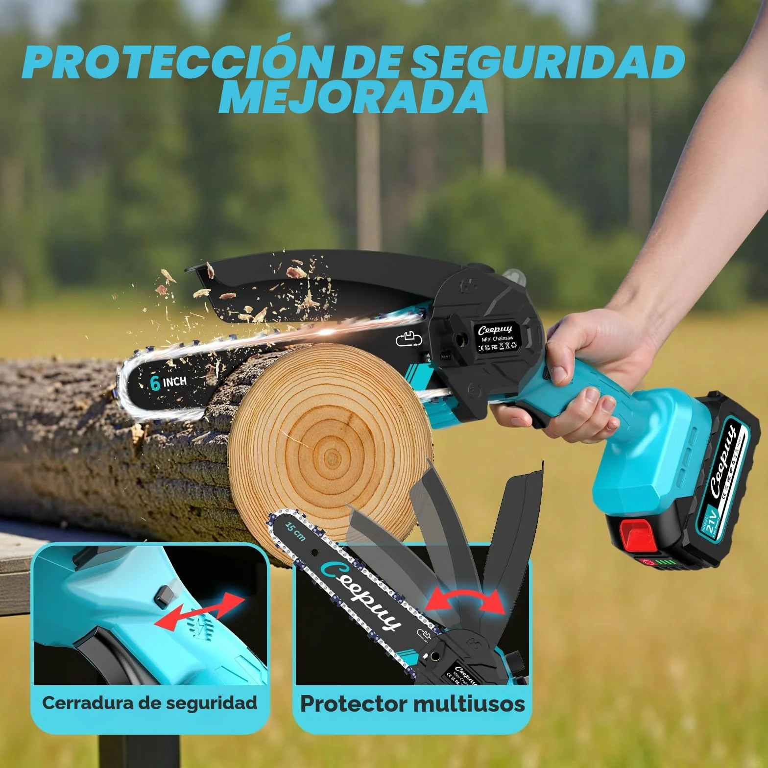 Mini Motosierra Batería 6 Pulgadas 2×4000mAh, Sierra Eléctrica Inalámbrica con Depósito de Aceite, Portátil para Podar Jardinería y Árboles