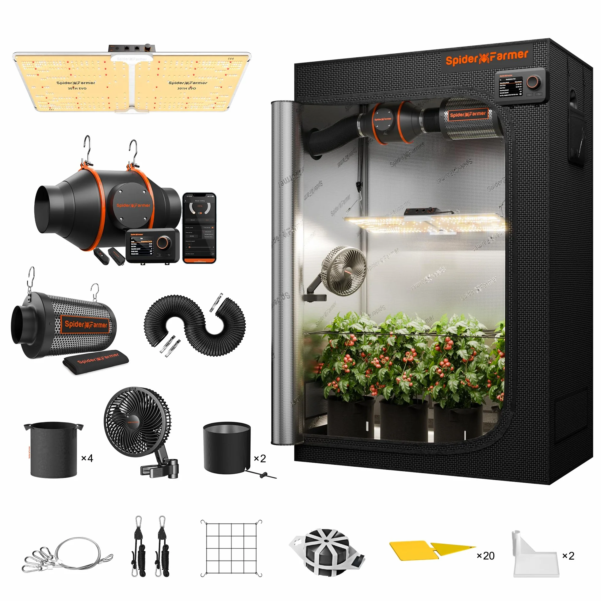 Spider Farmer SF2000 Growbox Juego Completo de Luz LED de Espectro Completo Regulable Samsung LM301B LEDs Kit Completo 60x120x180cm Armario de Cultivo Hidropónico 1680D con Ventilador Digital en Línea