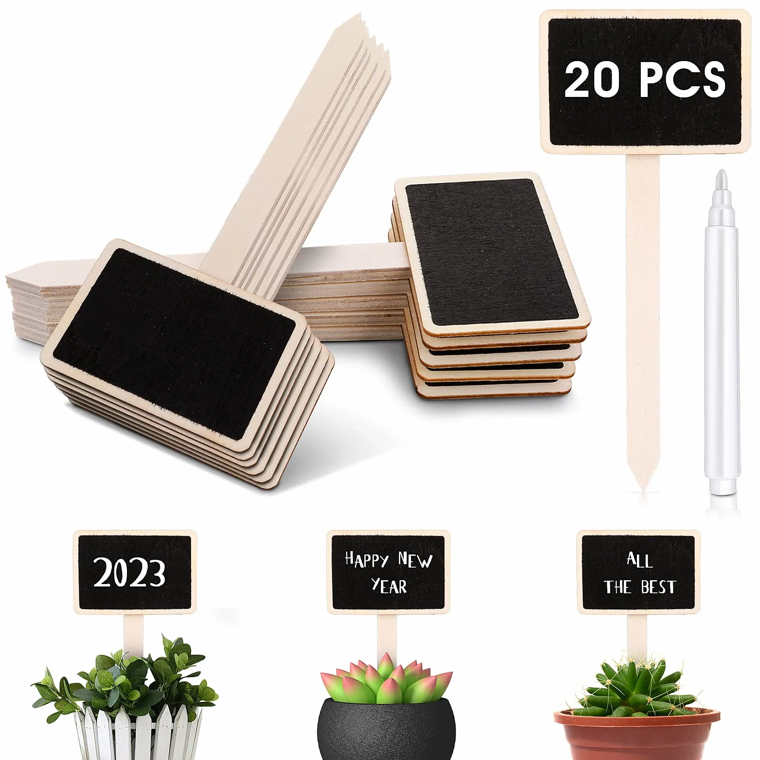 20 etiquetas de madera para plantas tipo T, marcador de plantas de jardín, etiquetas de plantas de jardín con bolígrafo de marcado para plantas de interior y exterior, semillas en maceta, hierbas,