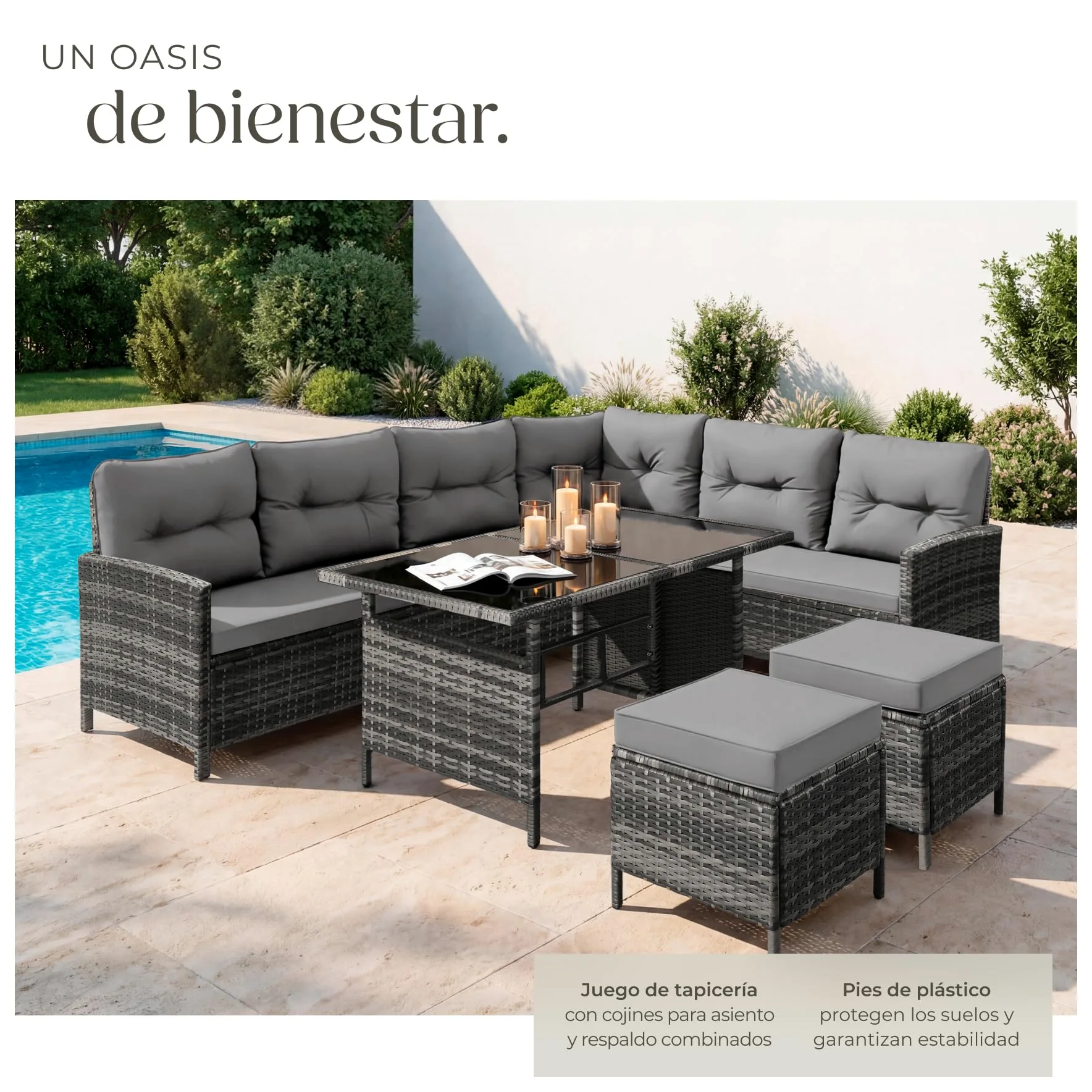 Tectake Conjunto Jardín Ratán 5 Piezas Sofá Esquina Mesa Cojines Gris Beige