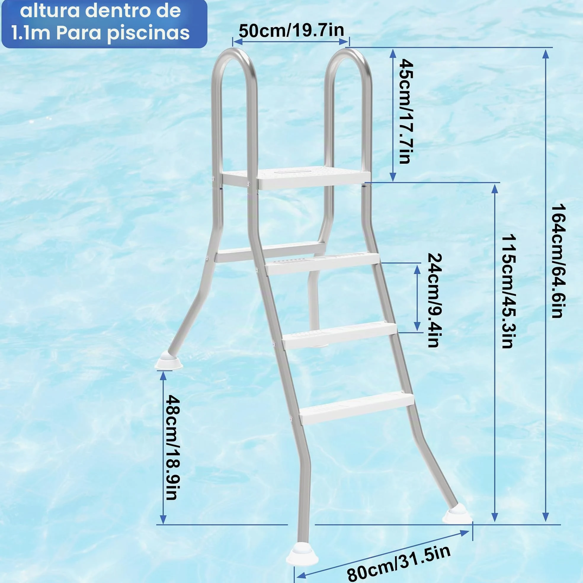 Escalera de piscina de acero inoxidable de 3 + 1 peldaños, con pasamanos de seguridad, peldaños de plástico antideslizante y diseño de rótula, base estable para piscinas y piscinas de hasta 115