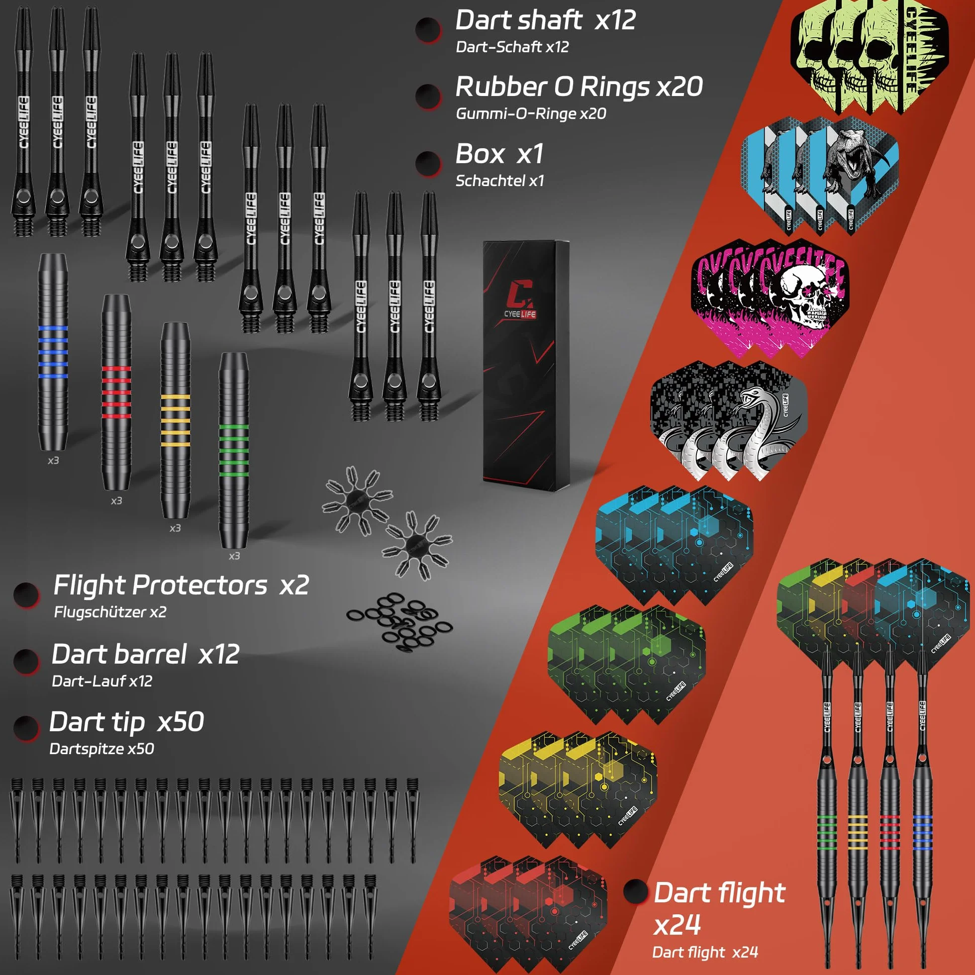 CyeeLife Set de Softdarts 12 piezas 16g dardos con punta de plástico 24 vuelos 50 puntas