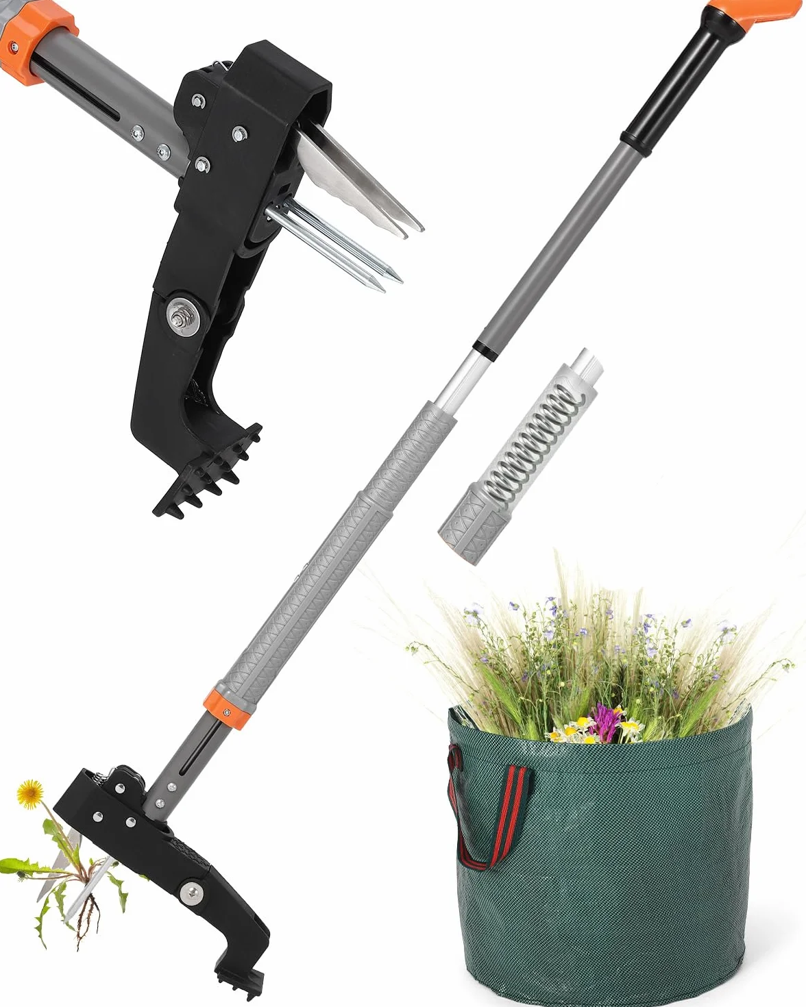 HAUSPROFI Extractor Malas Hierbas (Longitud de 91 cm a 117 cm), Bolsa de Jardinería de 50 litros, 4 Dientes de Rastrillo, Diseño de Retorno Automático, para el Mantenimiento del Césped