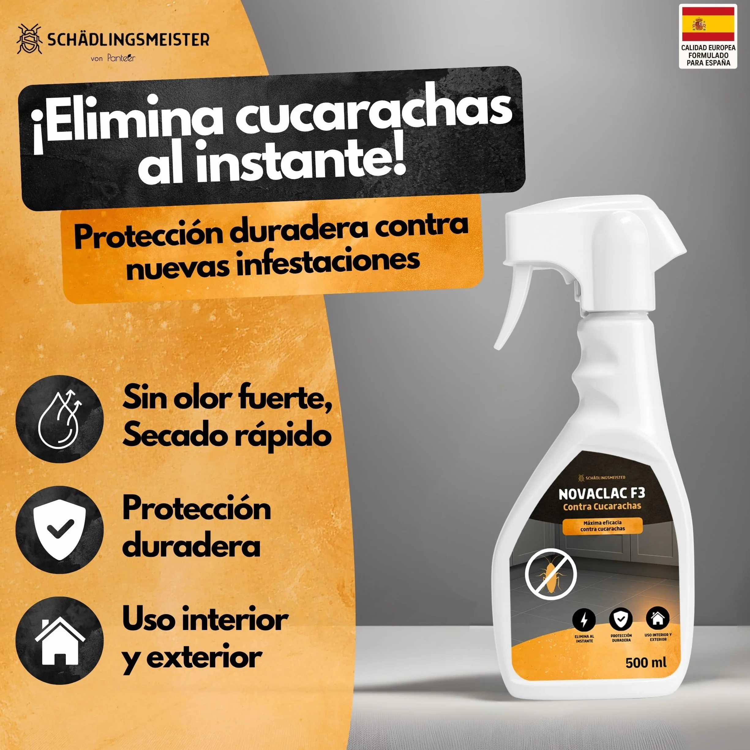 Panteer NOVACLAC F3 Mata Hormigas – 500 ml Spray Insecticida Profesional PT18 – Elimina Hormigas al Instante – Protección Duradera – Uso Interior y Exterior – Calidad Europea formulada para España