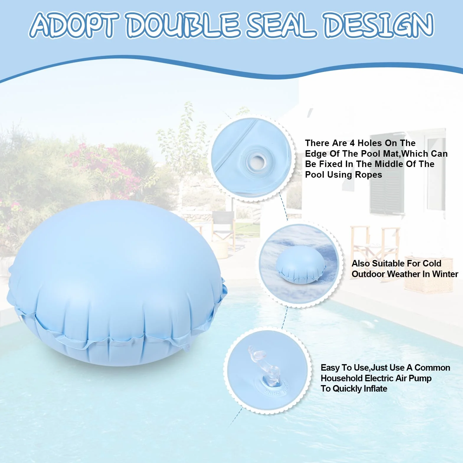 Cojín de invierno grueso de PVC para piscina, tamaño XXL, 120 x 120 cm, impermeable, forma redonda, almohada de aire para piscina, accesorios inflables con válvula de seguridad
