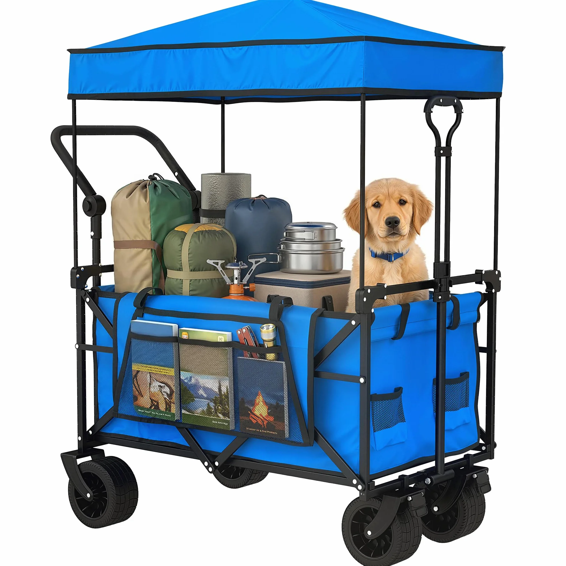 Outsunny Carro Playa con Ruedas Grandes con Freno, Techo Extraíble, Carro Plegable para Jardín con Barra Ajustable, Portavasos y Bolsillos, Carga 100 kg, para Todo Terreno, Campaña, Compras, Azul
