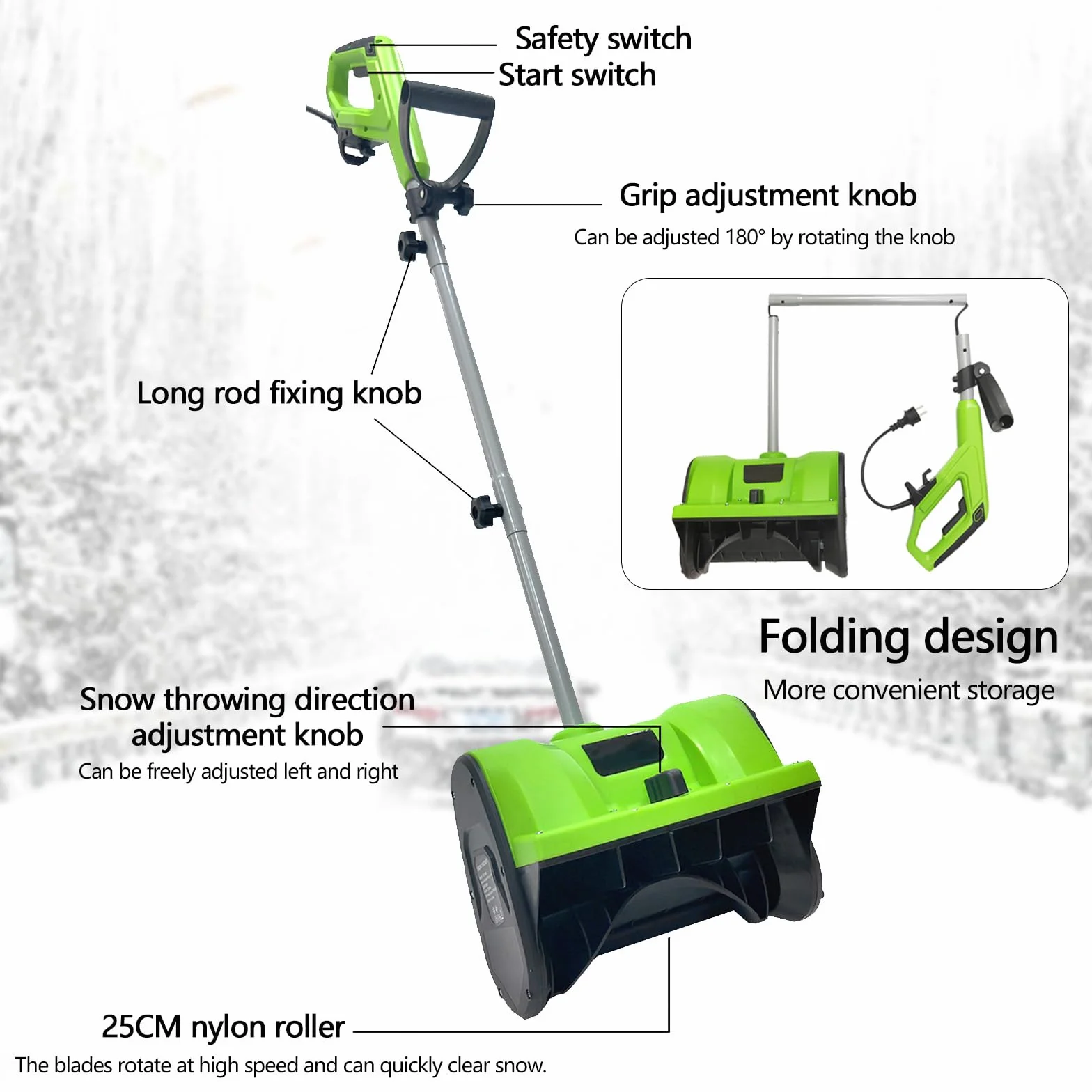 Sopladores Nieve, 1200W Barredora Nieve Soplador Eléctrico Barredora 220V Exteriores Dirección Lanzamiento Nieve Ajustable Mango 180 ° 3500 Rpm Distancia Máxima Lanzamiento 8M 32cm Ancho Barrido Nieve