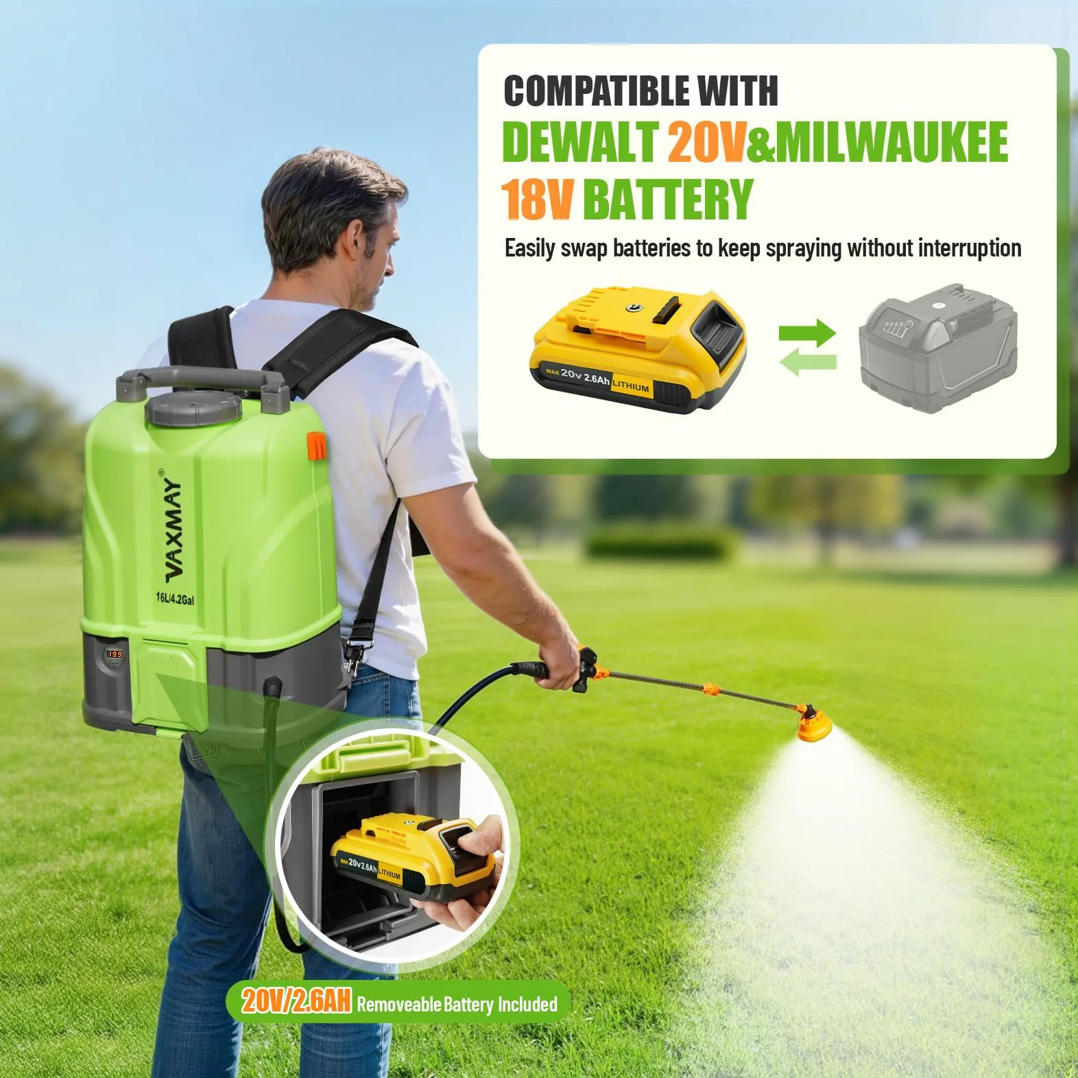VAXMAY - Rociador eléctrico de jardín con batería de 4.2 galones, 120 PSI compatible con batería DeWalt de 20 V, rociador de zacate con 2 varitas, 5 boquillas, batería de 2.6 Ah y cargador incluido