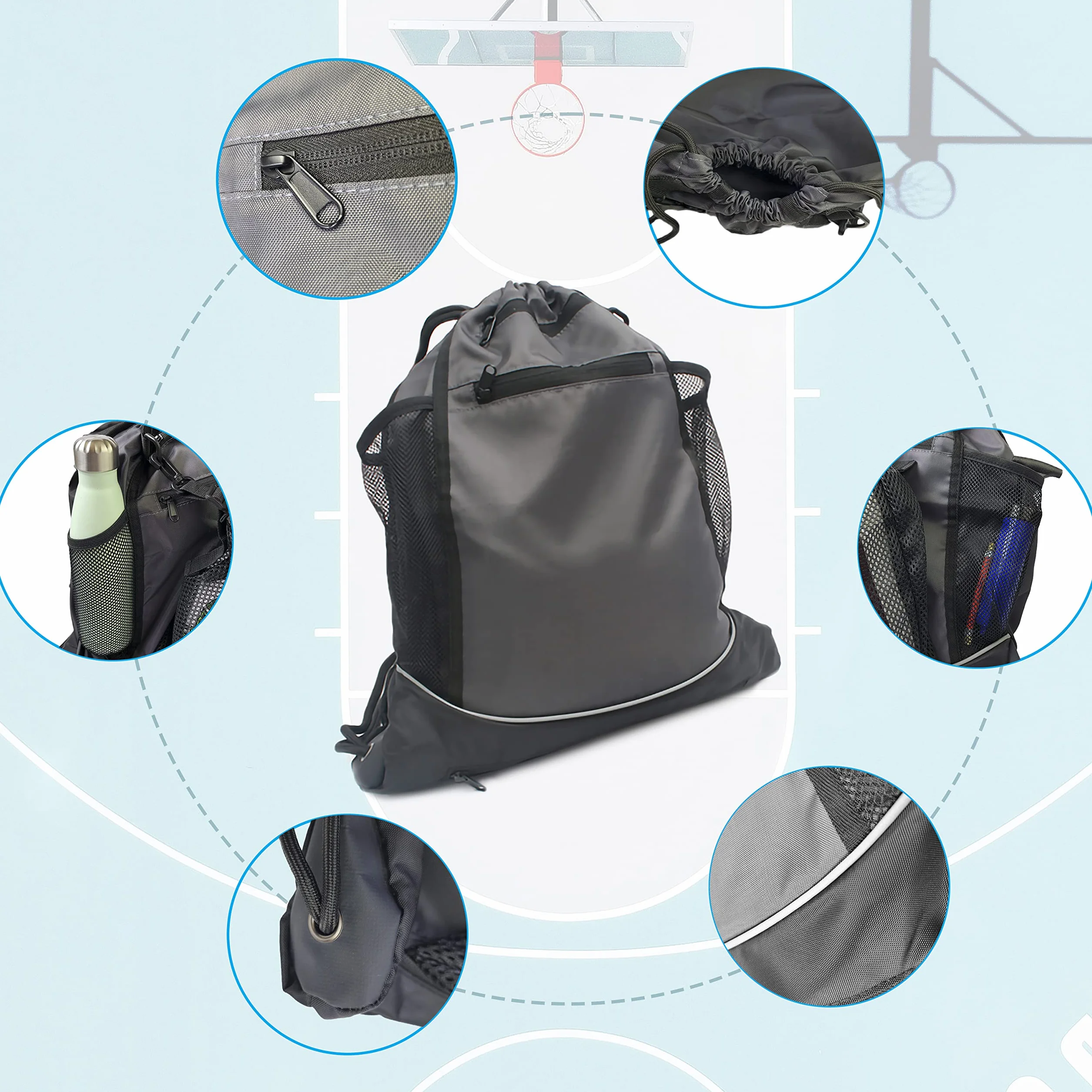 Mochila para Pelotas de Baloncesto, Cuerdas Deportiva, Incluye Inflador Portátil Negro