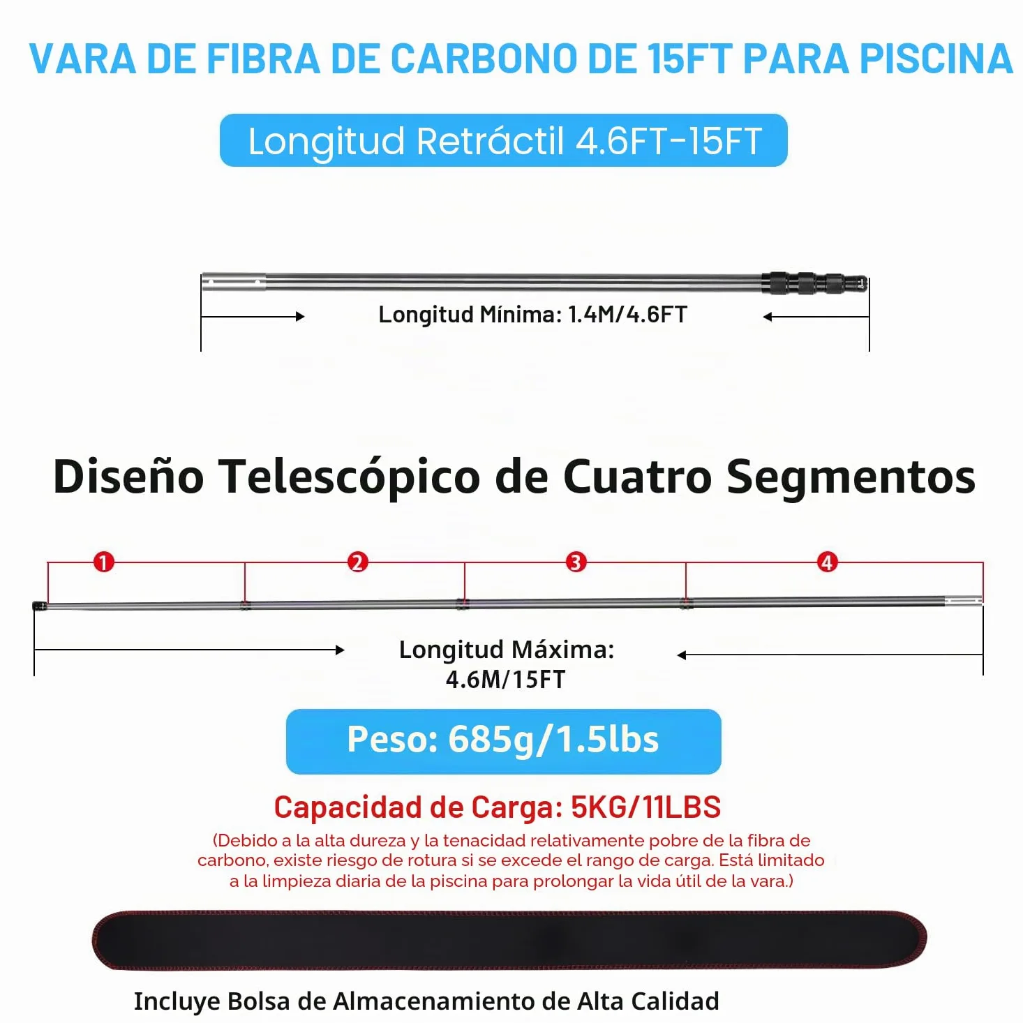 DOBEN Barra telescópica para piscina de fibra de carbono, barra de piscina ajustable de 1,4 m hasta 4,6 m, barra telescópica profesional para piscina, barras de limpieza para red de skimmer, cepillo,