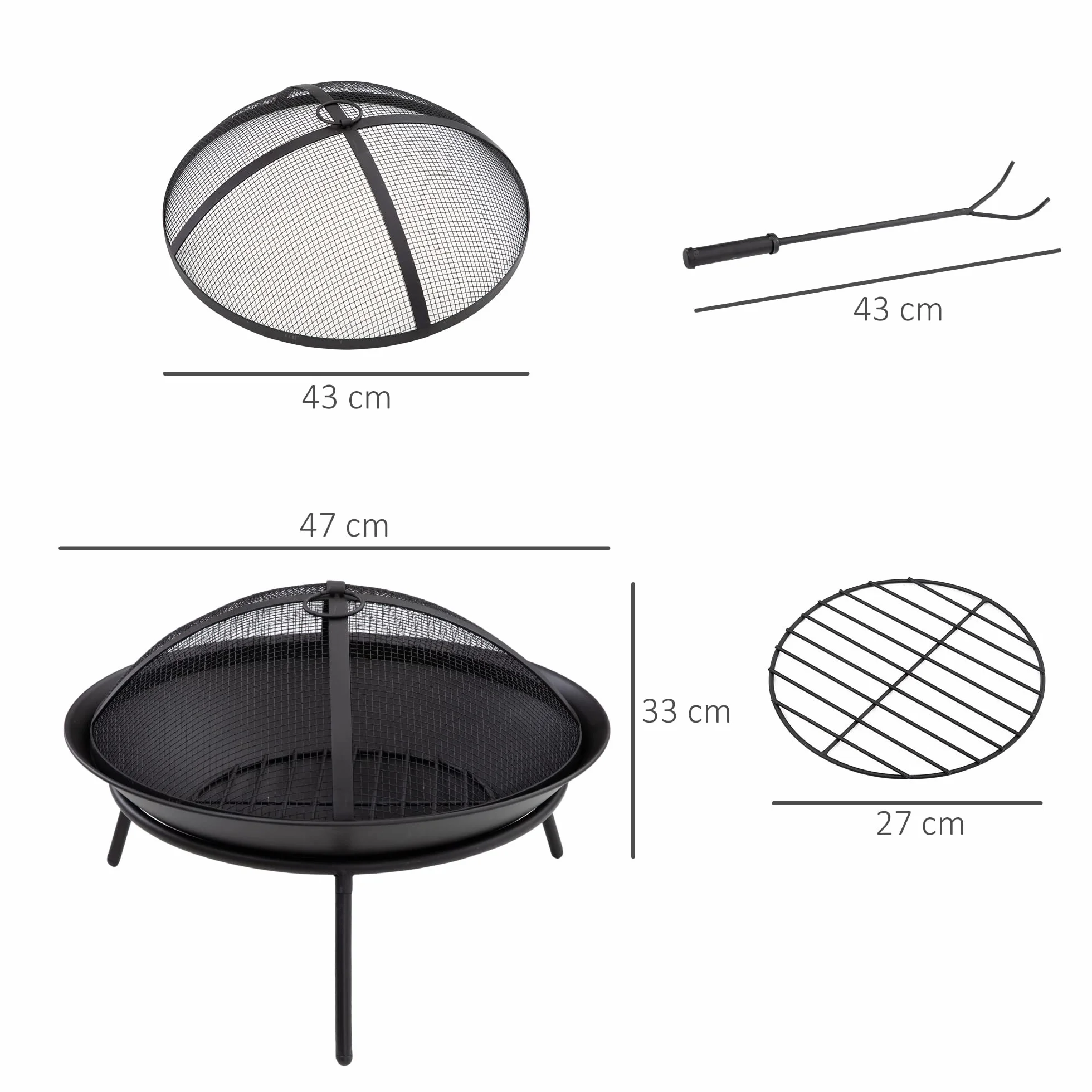 Outsunny Brasero Exterior para Jardín Pozo de Fuego de Metal con Protector de Chispas y Atizador para Hogueras Terraza Camping al Aire Libre Ø47x33 cm Negro