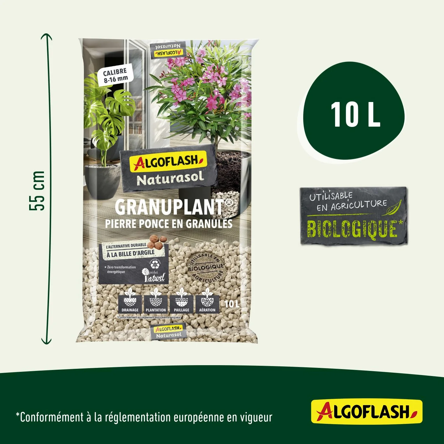 Algoflash Naturasol Granulado de drenaje y plantación – Piedra pómez 100% natural – Alternativa duradera a la bola de arcilla – 10 l