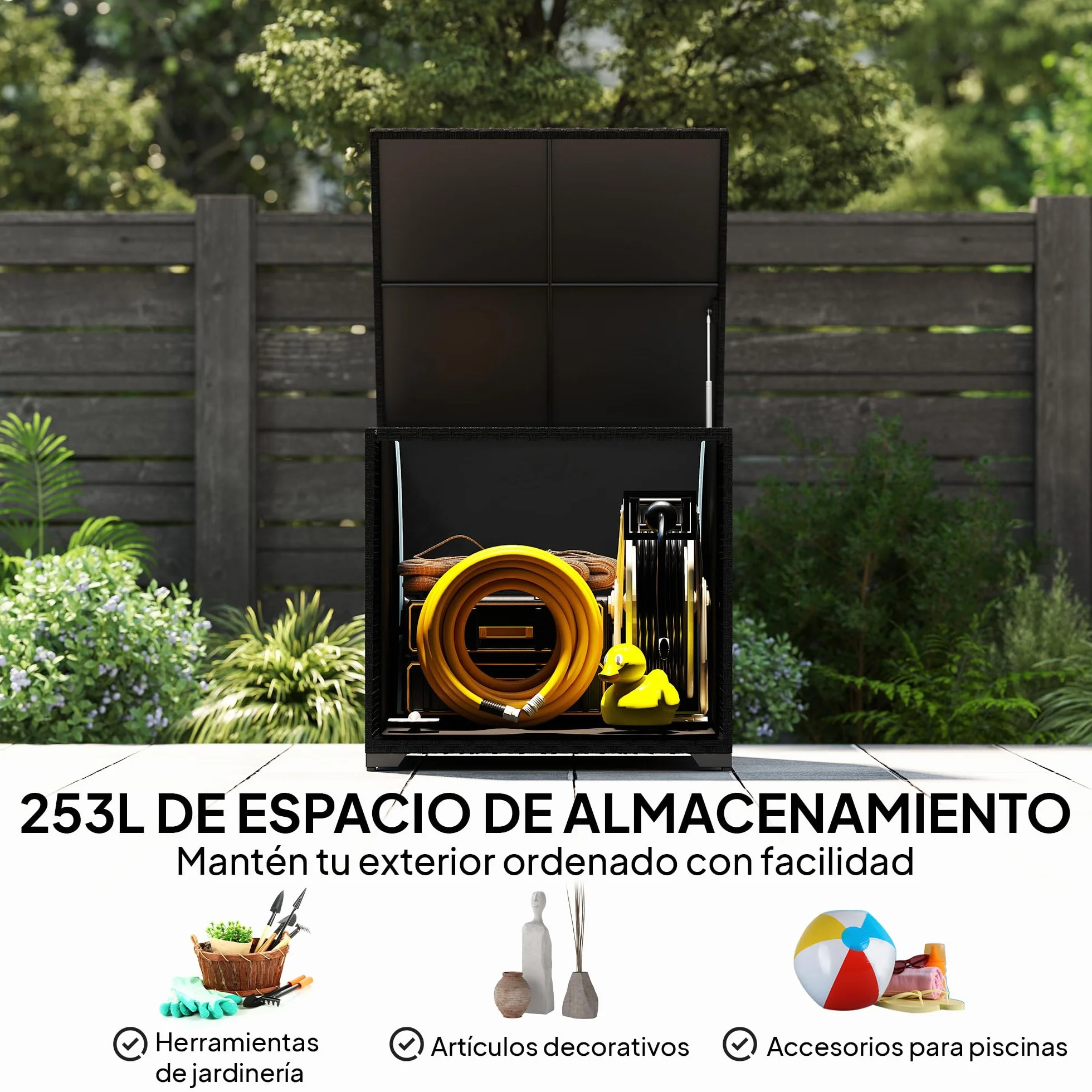 Outsunny Baúl de Almacenaje Exterior de Ratán Sintético de 253L, Arcón Exterior con Varilla Hidráulica, Forro con Cremallera y Marco de Acero, Carga 50 kg, para Jardín, Terraza, 72x72x70 cm, Negro
