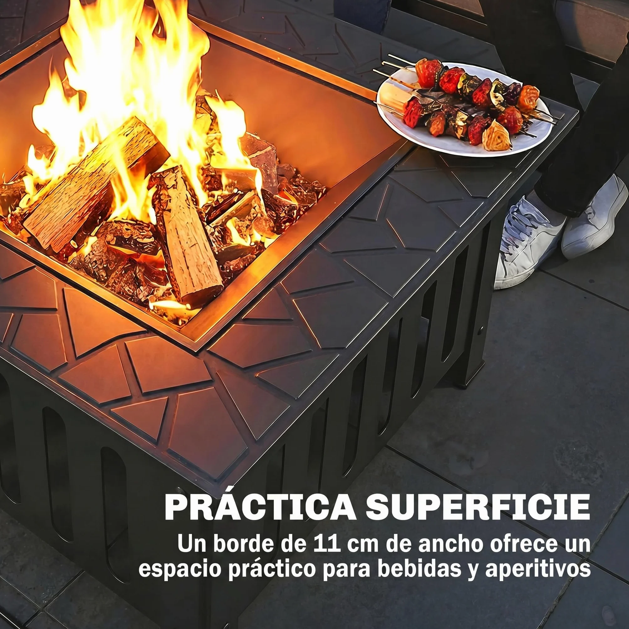 Outsunny Brasero Exterior de Acero Cuadrado, 67x67x47 cm, Brasero Exterior Jardín con Atizador, Tapa de Malla, para Terraza, Camping, Fiesta, Negro