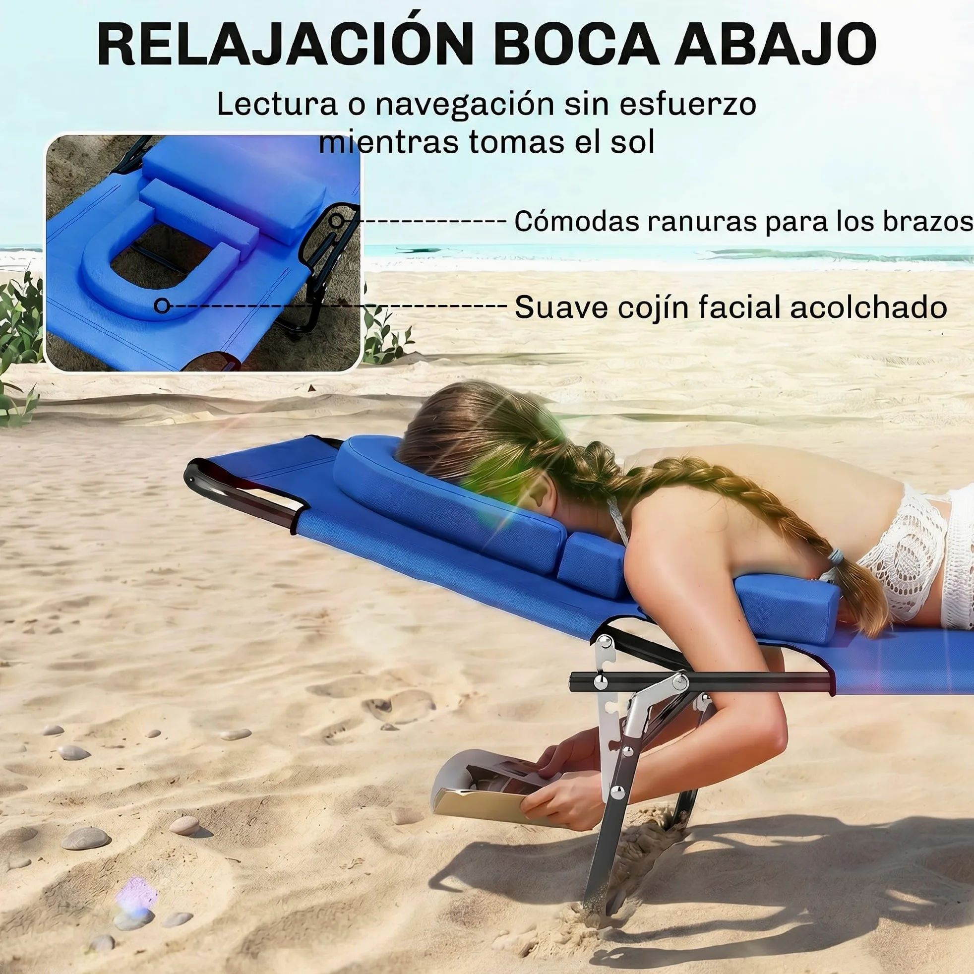 Outsunny Tumbona Plegable con Respaldo Regulable en 4 Posiciones Tumbona de Jardín con Orificio de Lectura Almohada Marco Metálico y Tela Oxford para Playa Terraza Carga 120 kg 190x56x28 cm Azul