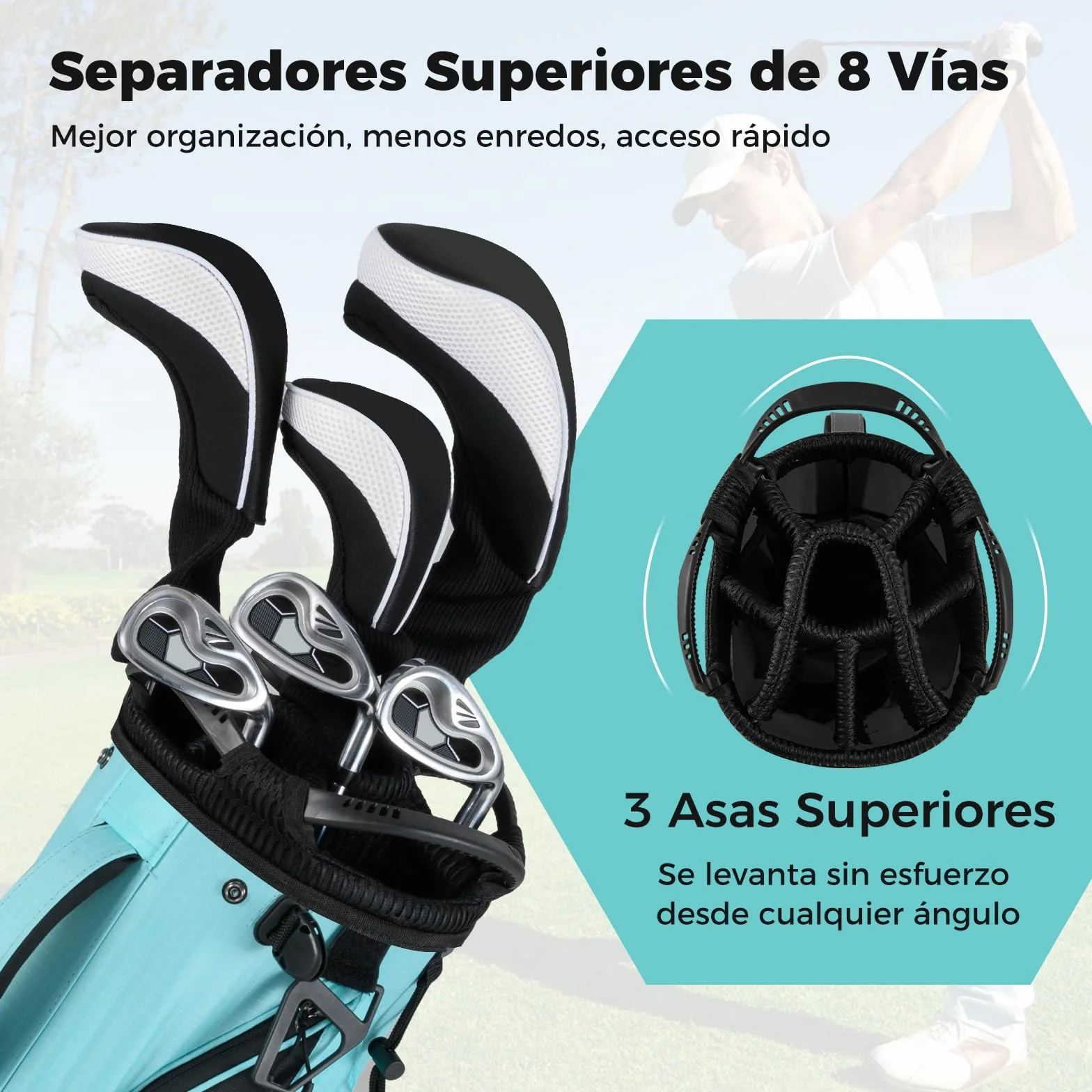 COSTWAY Bolsa Golf con Soporte, 8 Divisores, 5 Bolsillos, Correa Ajustable, Capucha Lluvia