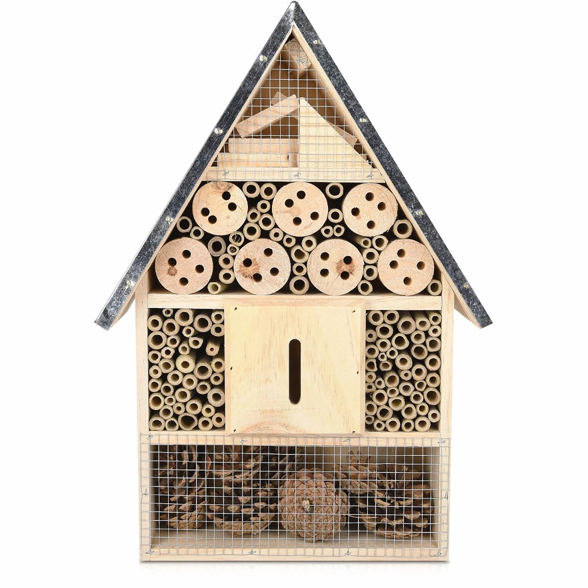 Navaris XL Hotel para Insectos de Madera - observatorio de Insectos 23 x 40 x 7 cm - casa Natural Cubierta metálica y Gancho para Diferentes bichos