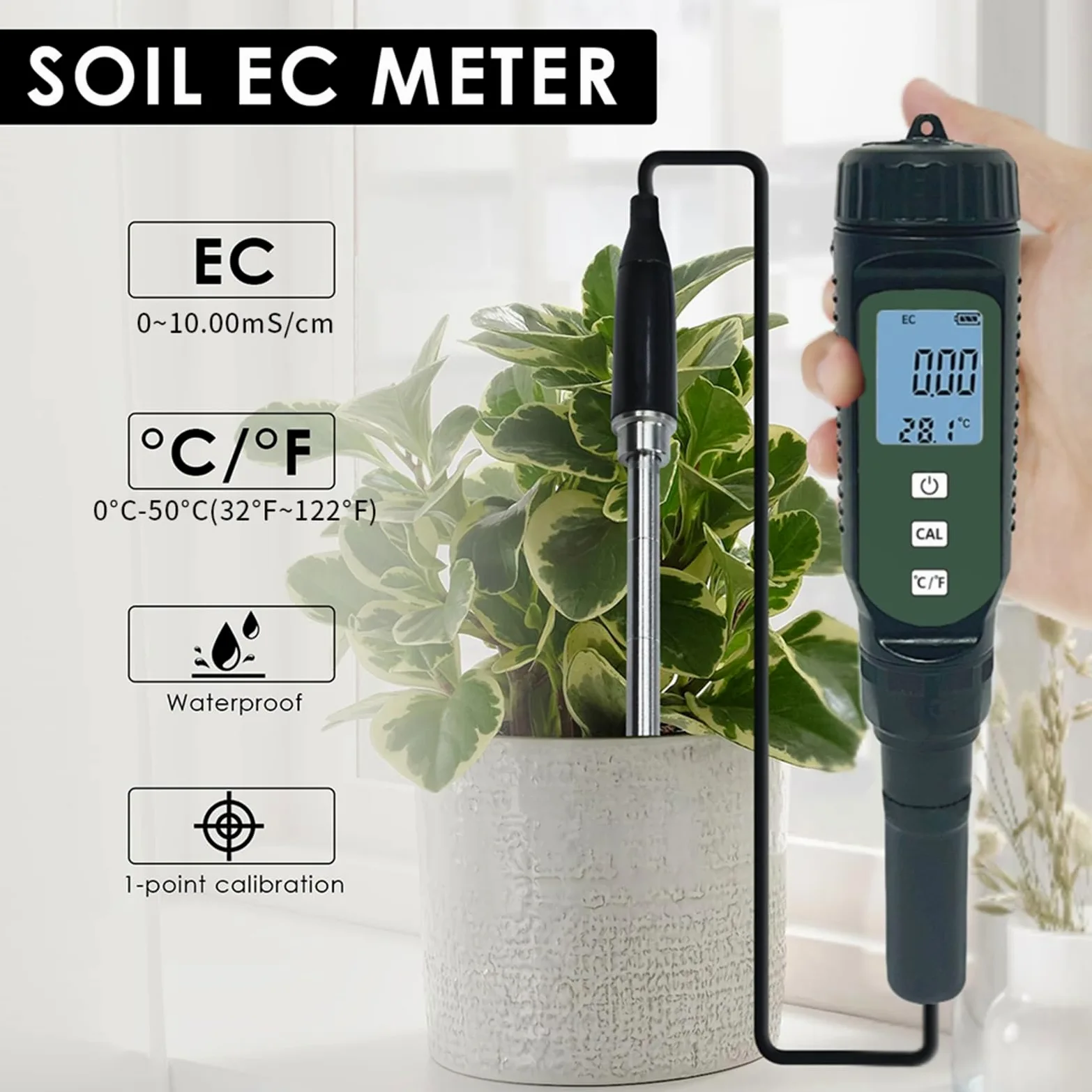 Medidor de conductividad del suelo con pantalla LCD para temperatura, ideal para probador de jardinería agrícola