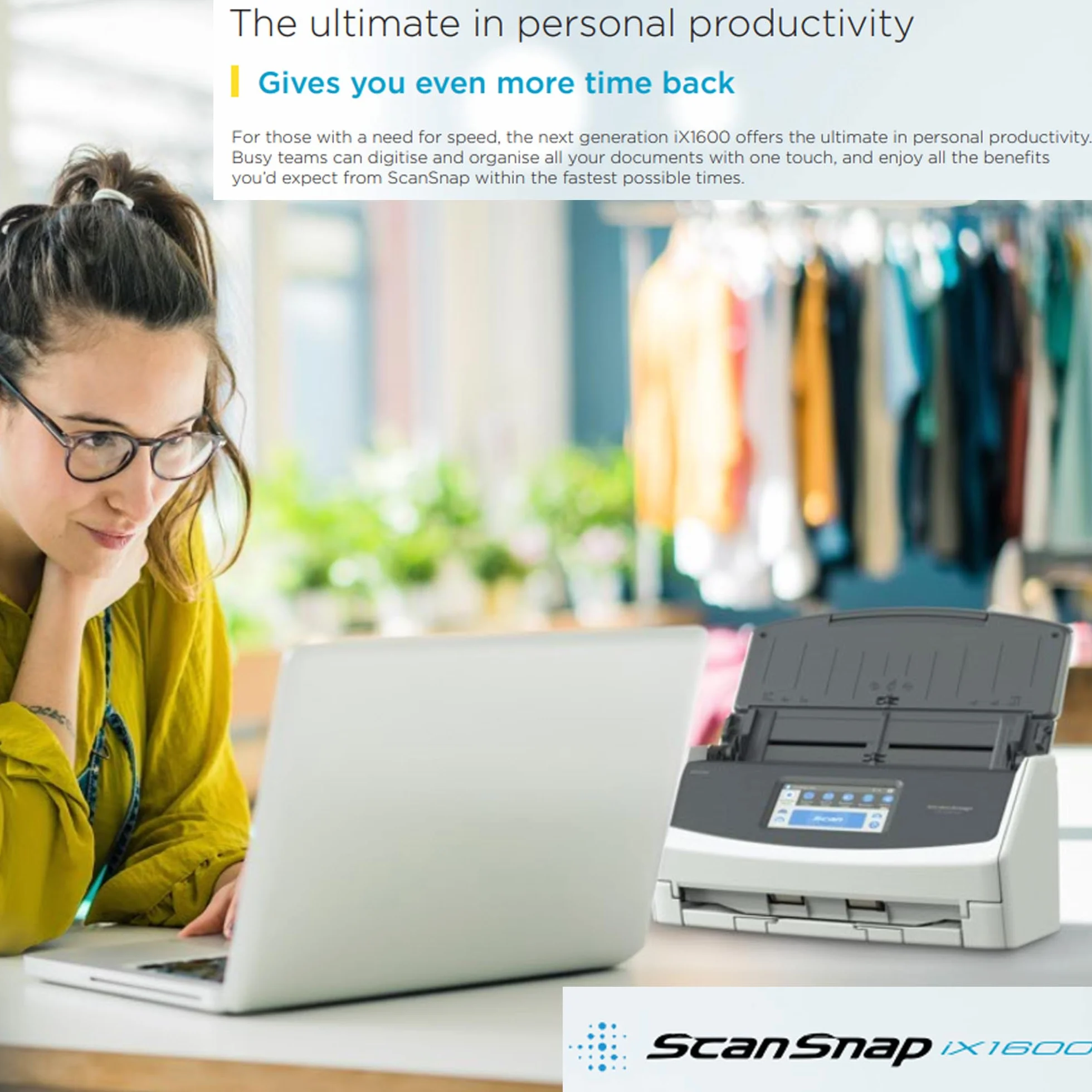 ScanSnap iX1600 Blanco Escáner de Documentos ADF Doble Cara WiFi Pantalla táctil USB 3.2