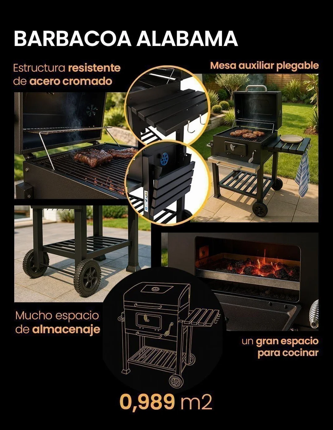 JARDIN202 - Barbacoa de Carbón Alabama Grande con Ruedas, Termómetro y Altura Ajustable | Parrilla Grill de Carbón con Carrito y Tapa | (Negro)