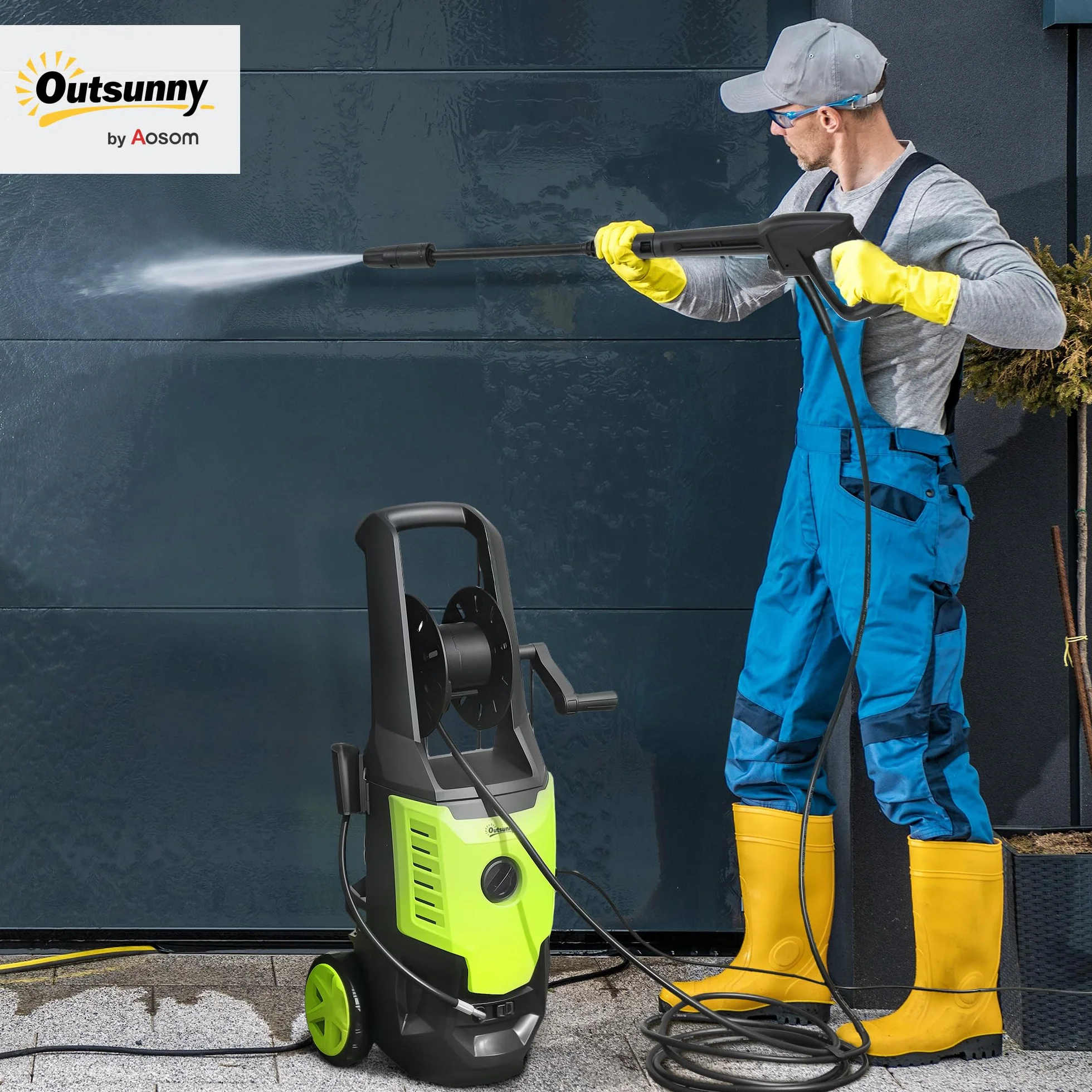 Outsunny Hidrolimpiadora de Alta Presión 2200W, Presión 170 Bar, Caudal 420 L/h, con Bomba de Aluminio, Parada Automática, Manguera de 6 m, Incluye Botella de Espuma y Boquilla Ajustable Verde y Negro